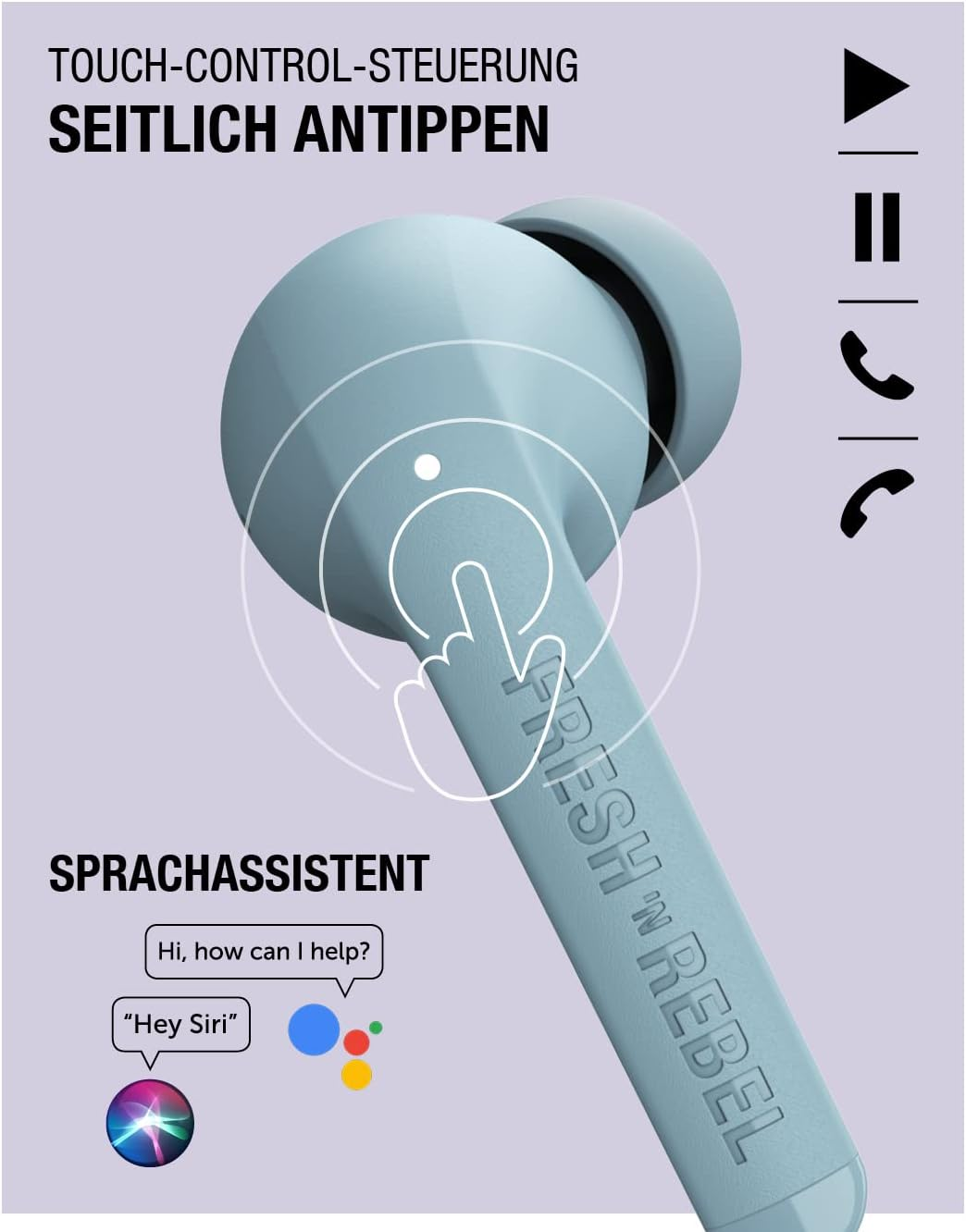 Fresh 'N Rebel True Wireless Earbuds with 24 Hours Playtime, Touch Control and Voice Assistant (Twins 1 Tip, Smokey Pink) image number 3