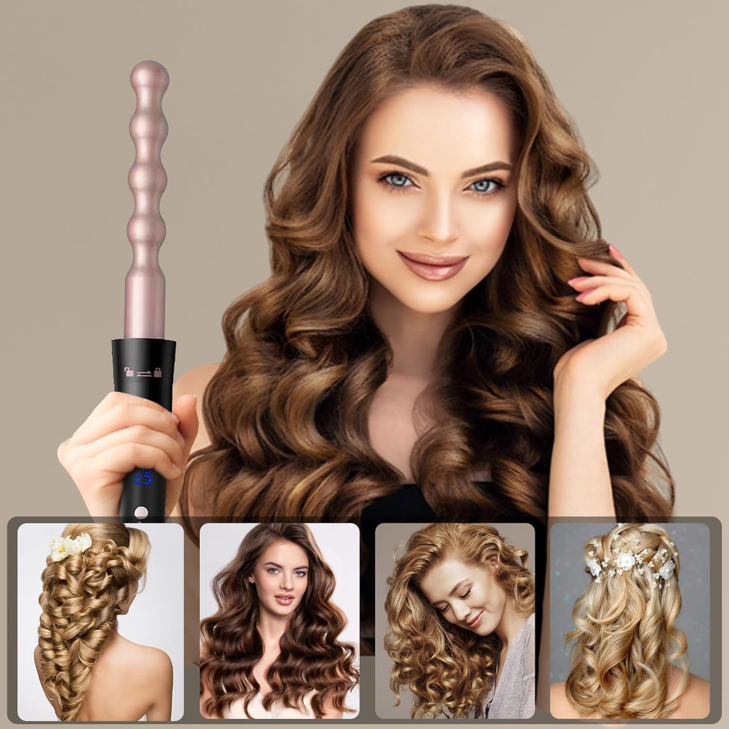 Waver Curling Iron Wand, 5 in 1 Curling Wand Set with LCD Digital Display & Temp Control, 3 Barrel and 4 Interchangeable Ceramic Hair Wand Hair Curler for All Hair Types, Glove & 2 Clips (Brown) - Brown image number 5