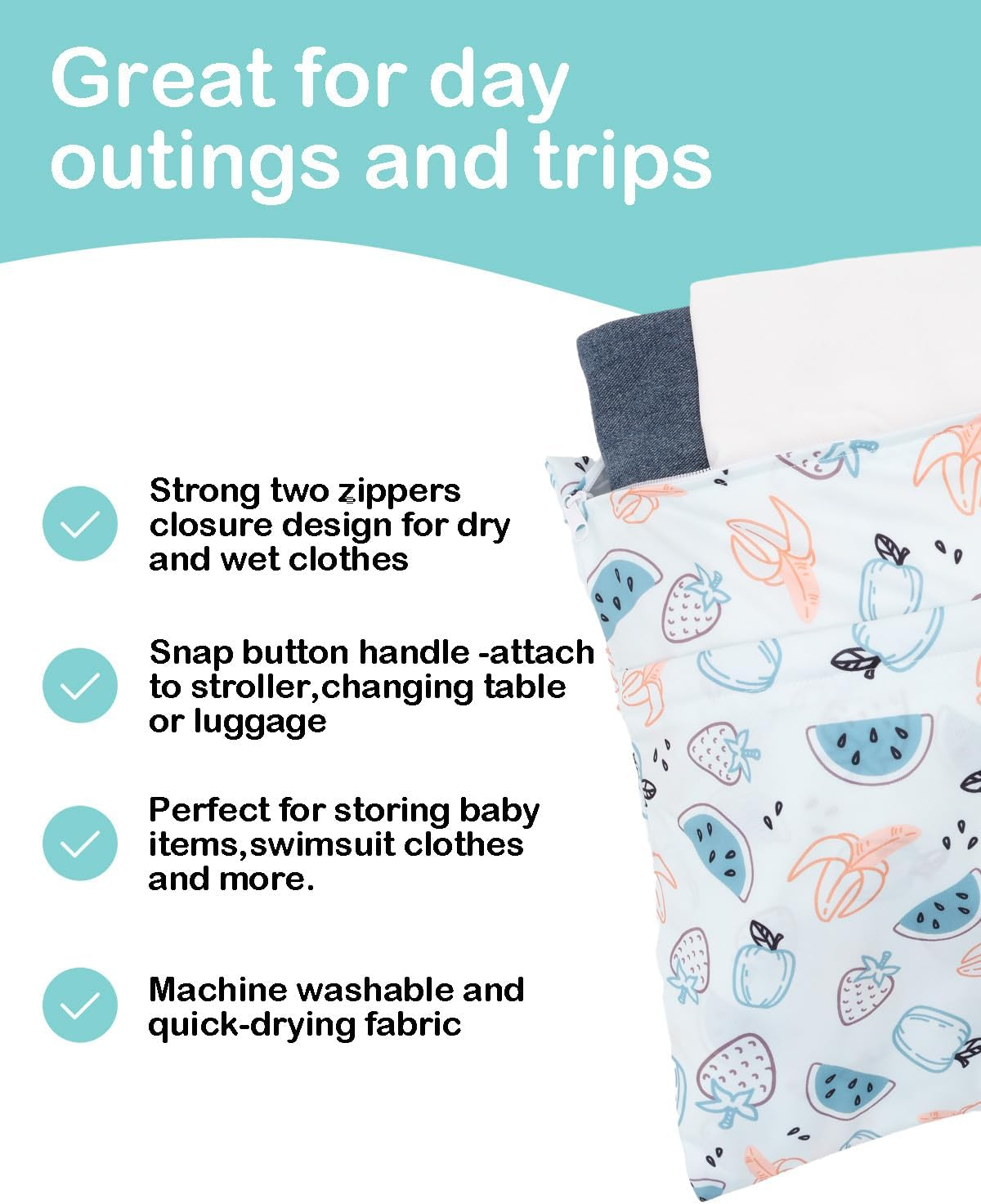 ALVABABY 3 Cloth Diaper Wet Dry Bags Waterproof Reusable with Two Zippered Pockets Travel Beach Pool Daycare Soiled Baby Items Yoga Gym Bag for Swimsuits or Wet Clothes Small Medium Large 3L-ZM29-AU image number 3