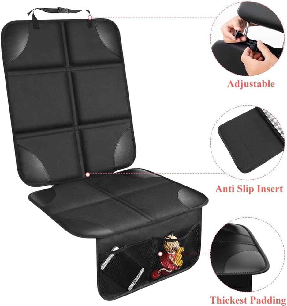 Aufondof Car Seat Protector for Child and Pet Car Seat,Waterproof Car Seat Cover for 600D Fabric Seat Cover Mat, 2 Mesh Pockets, Non-Slip Bottom,Thick Padding Cushion to Protect Leather Seats(Black) image number 6