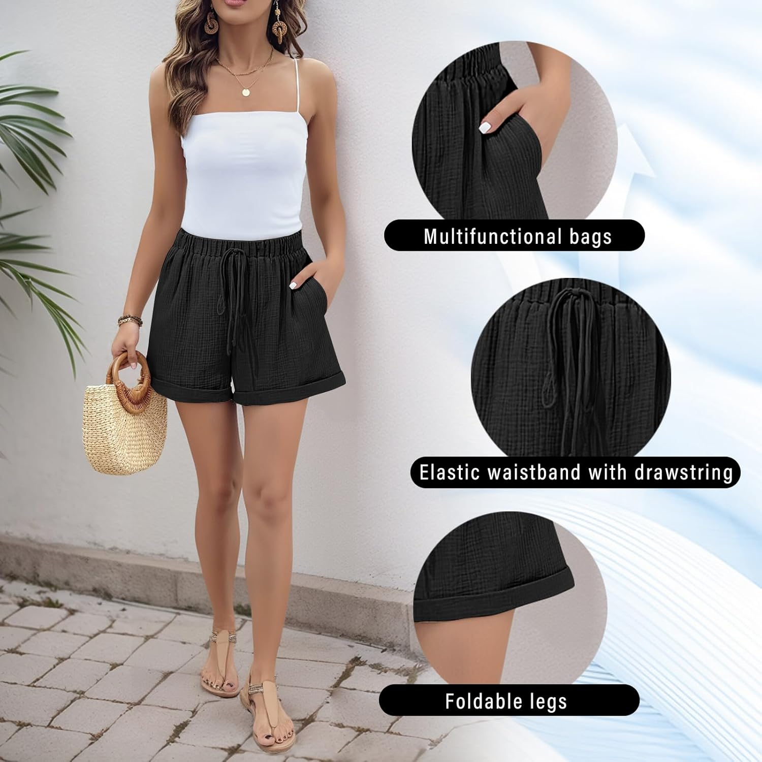 Linen Shorts Women Casual Trousers &ndash; Solid Drawstring Elastic Waist Hot Pants with Pockets, Cropped Half Length Capri Bermuda Shorts