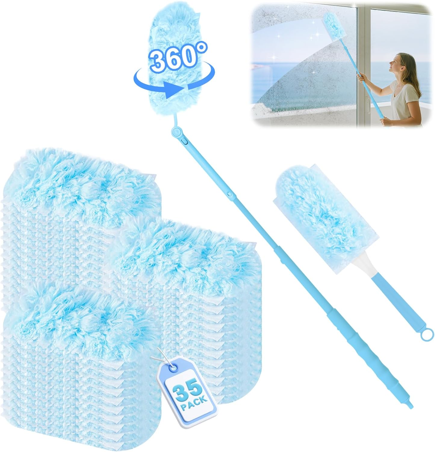 Nicemiya Pack of 37 Duster Compatible with Swiffer Dust Magnet Refill Pack 360&deg; Duster, for Cleaning Pet Hair, Dust Dirt (35 Cloths + 2 Handles, Pink)