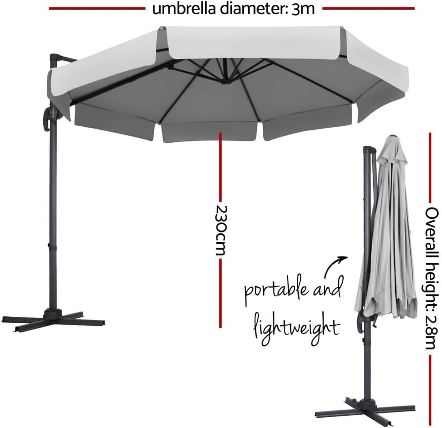 Instahut Outdoor Umbrella 3M Umbrellas Cantilever Stand Sun Roma 360 Degree Grey image number 6
