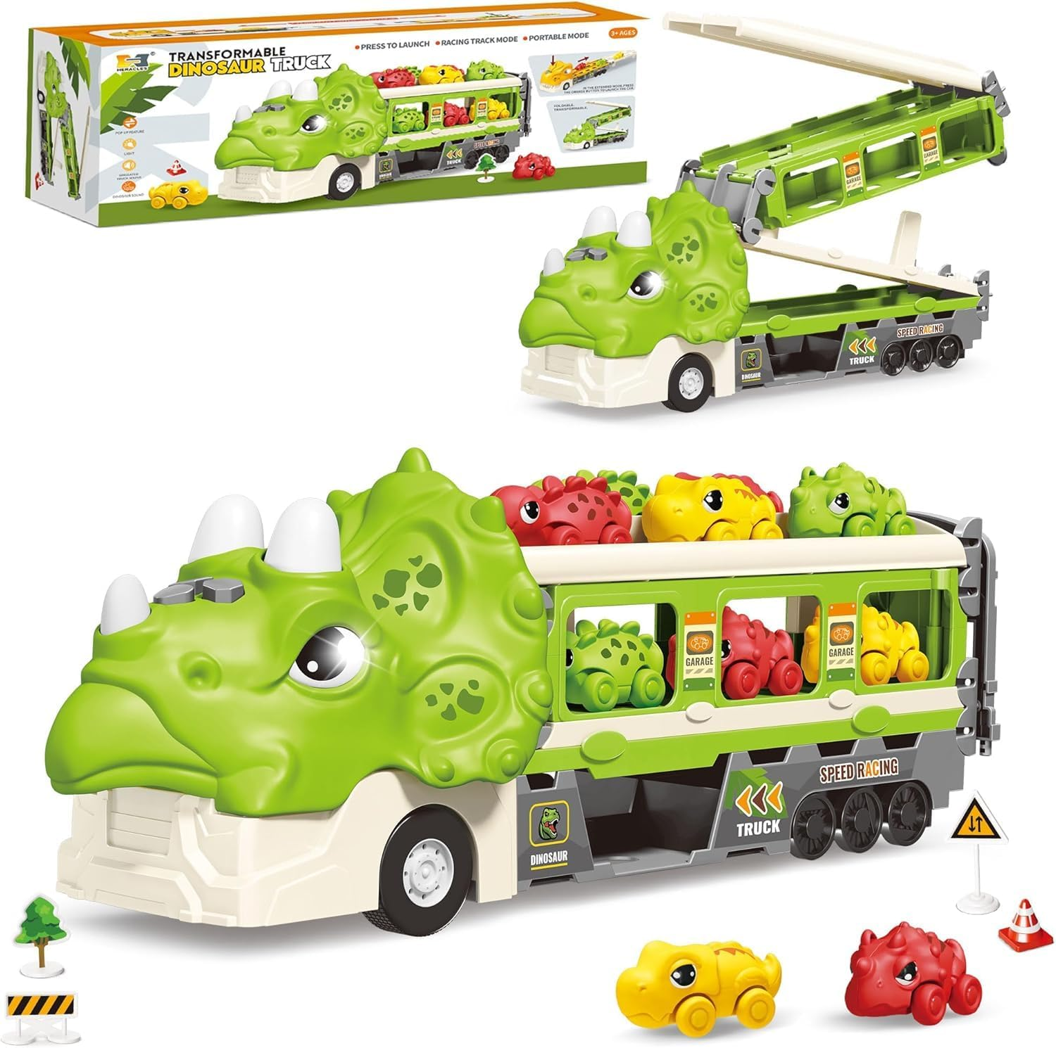 Dinosaur Hauler Truck with Ejection Race Track,1 Toy Triceratops Dinosaur Transport Carrier Truck with 6 Dinosaur Car Vehicles,Car Toys Playset with Lights Sounds,Kids Gifts image number 5
