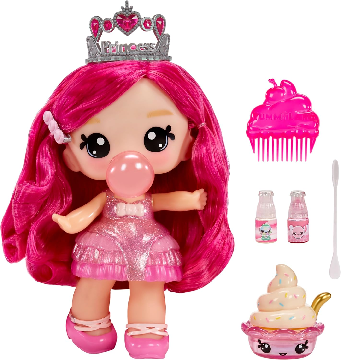 Yummiland Large Doll and Num Nom Lipgloss Pet - Bianca Bubblegum and Cake Slice - Scented Character Doll with DIY Lipgloss Kit - Suitable for Kids Ages 4+