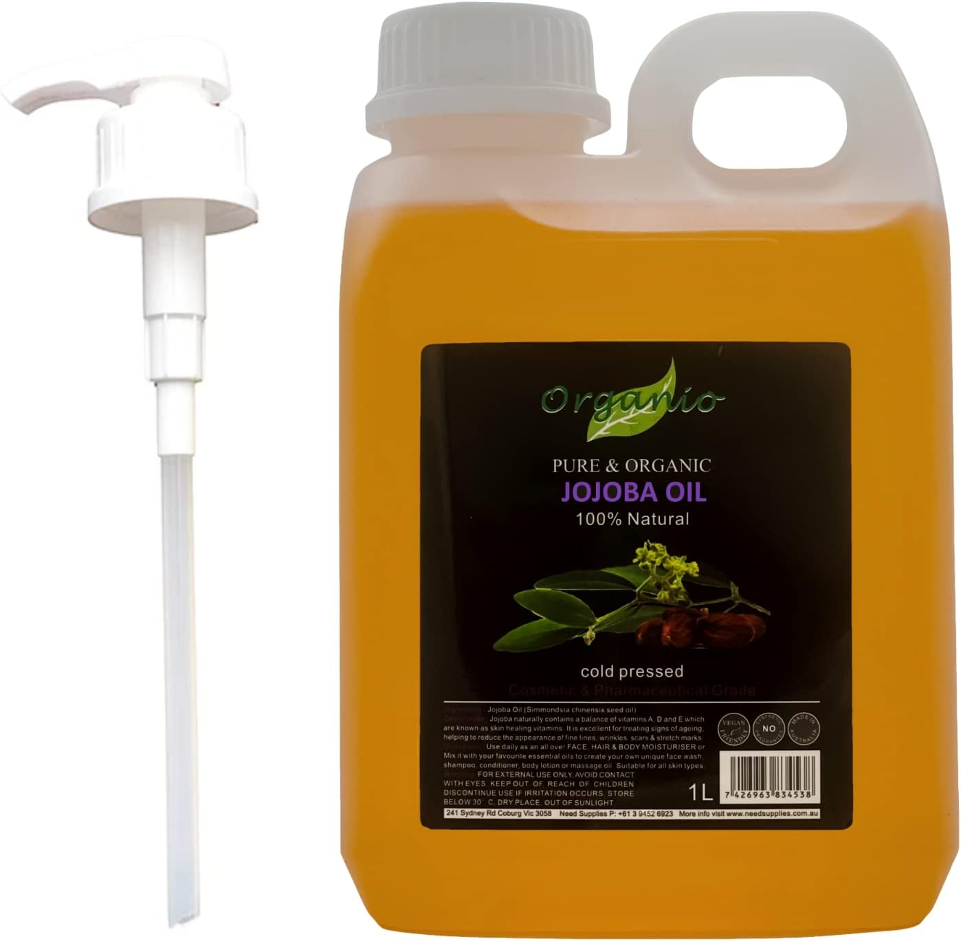 Organio JOJOBA OIL 100% PURE ORGANIC COLD PRESSED VIRGIN OIL SKINCARE 100ML 200ML 300ML (With Pump Included, 500Ml), Golden, 500 Ml (Pack of 1) image number 3