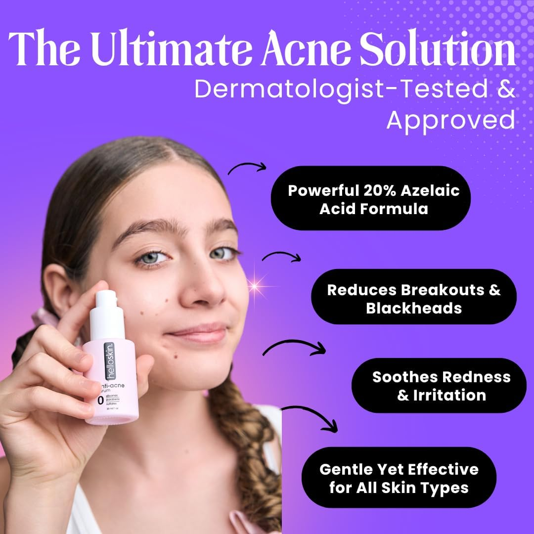 Azelaic Acid 20% & Niacinamide 10% | Helloskin anti Acne Serum (30Ml) | Face Serum for Acne Marks and Rosacea Clears Rosacea | Kills Acne | Men and Women Daily Serum for Clear Smooth, Radiant, Glowing Skin image number 2