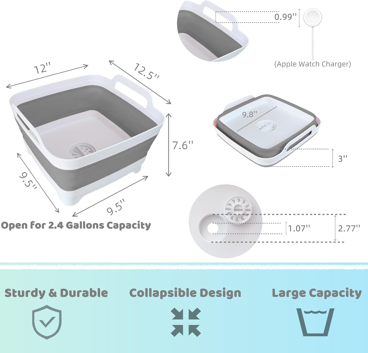 GIMWA Collapsible Wash Basin for Baby Bottles - 2.4 Gallons Portable Wash Bin for RV Camping Sink, Space-Saving Dish Tub (Gray) image number 5