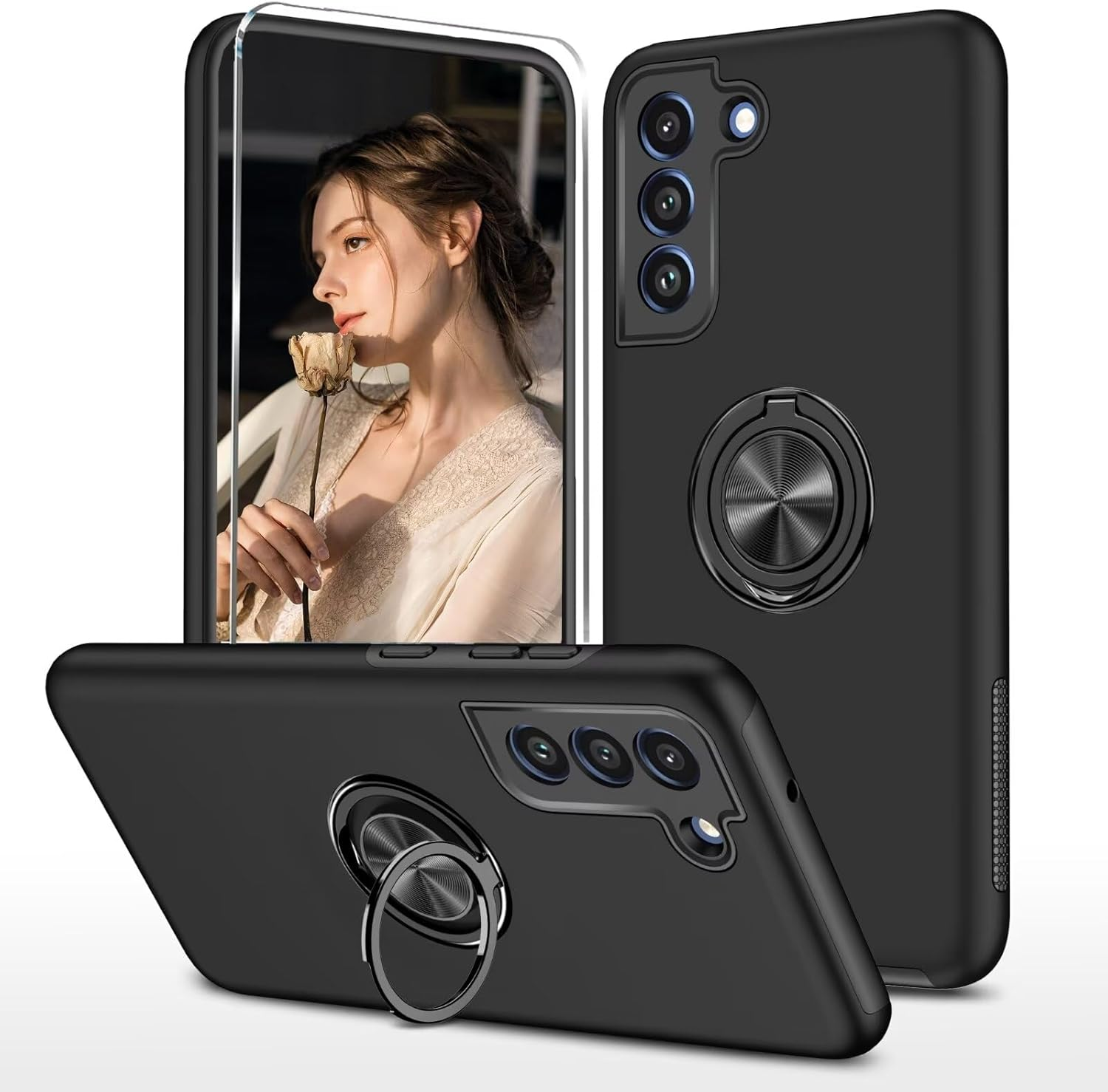 HAONANDE Kickstand Case for Samsung Galaxy S21+ Plus,Military Shockproof Bumper Tough Armour Protective Phone Cover with 360&deg; Rotate Magnetic Ring Stand,1*Screen Protector,Black image number 5