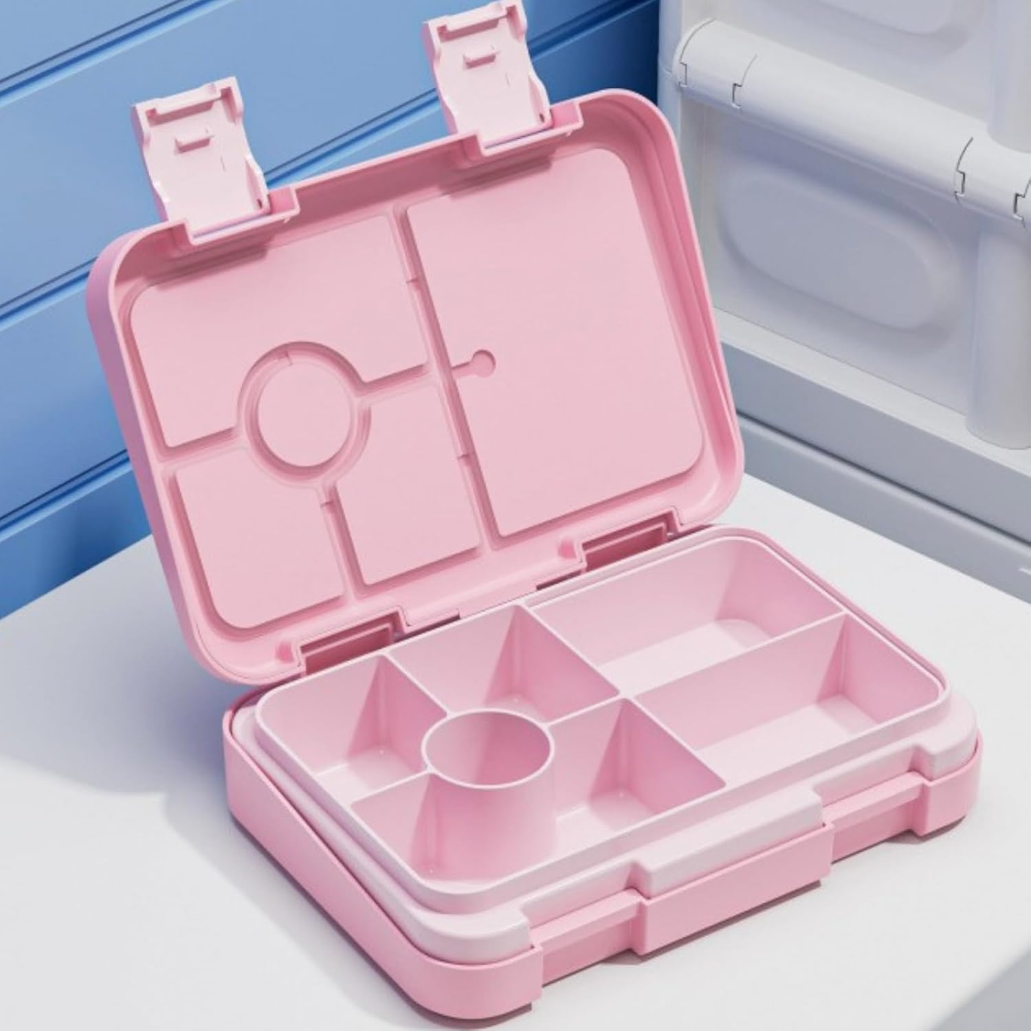 Bento Box, Double Buckle Leakproof Bento Lunch Box, Lunch Containers for Adult Kids with 5 Compartments, Snack Containers for on the Go Meal, Food Tray BPA Free (Pink) - Blue image number 7