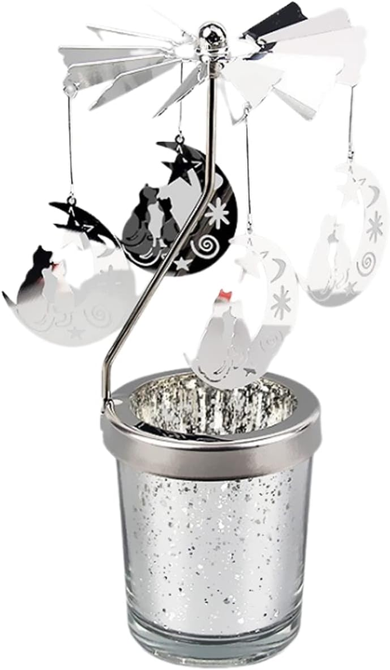 HYLOOD 7X3X2In Carousel Rotary Candle Holder Metal Spinning Tea Lights Candle Holder Rotary Glass Tealight Candle Holders Rotating Tea Candle Holder for Wedding Fireplace Home Decor, Silver image number 1