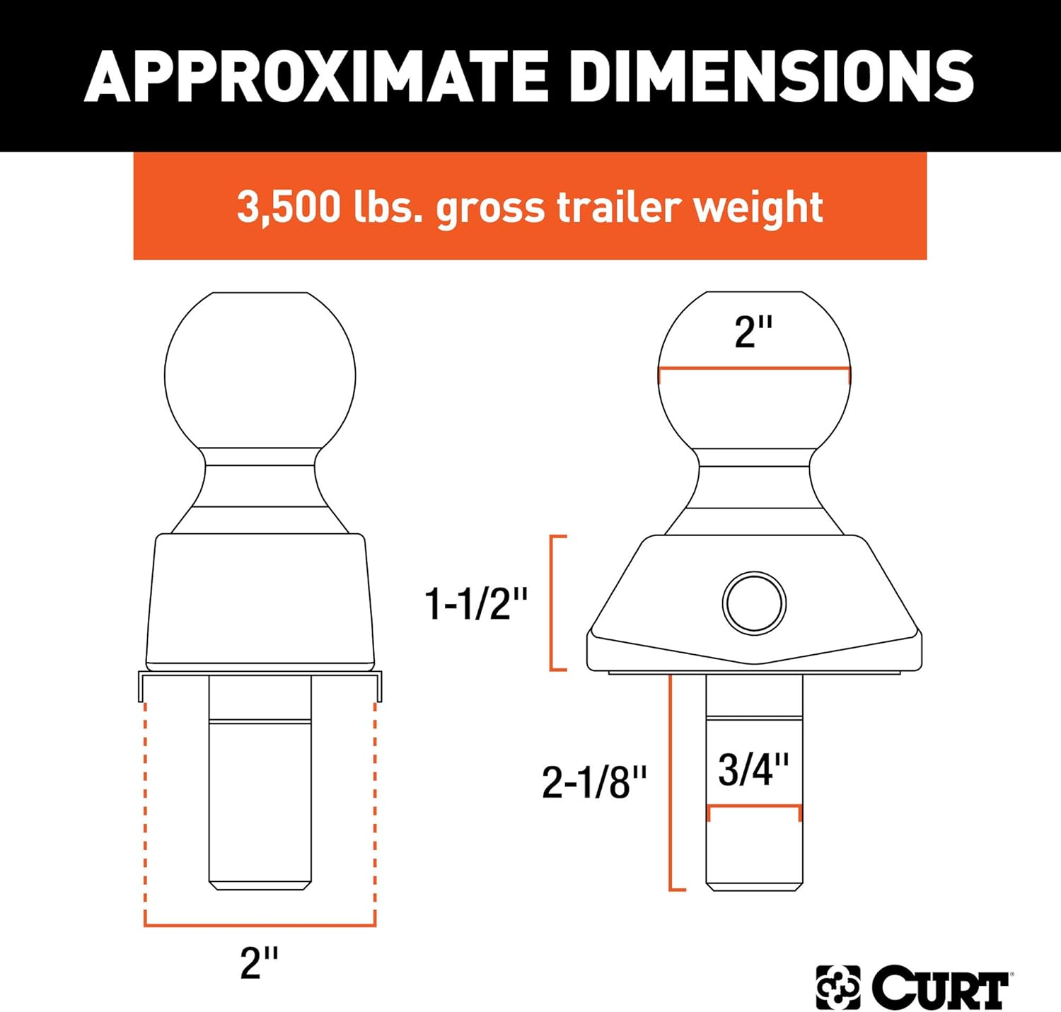 CURT 40246 Rockerball Cushion Hitch Trailer Ball 3,500 Lbs, 2-Inch Diameter, 3/4-Inch Shank