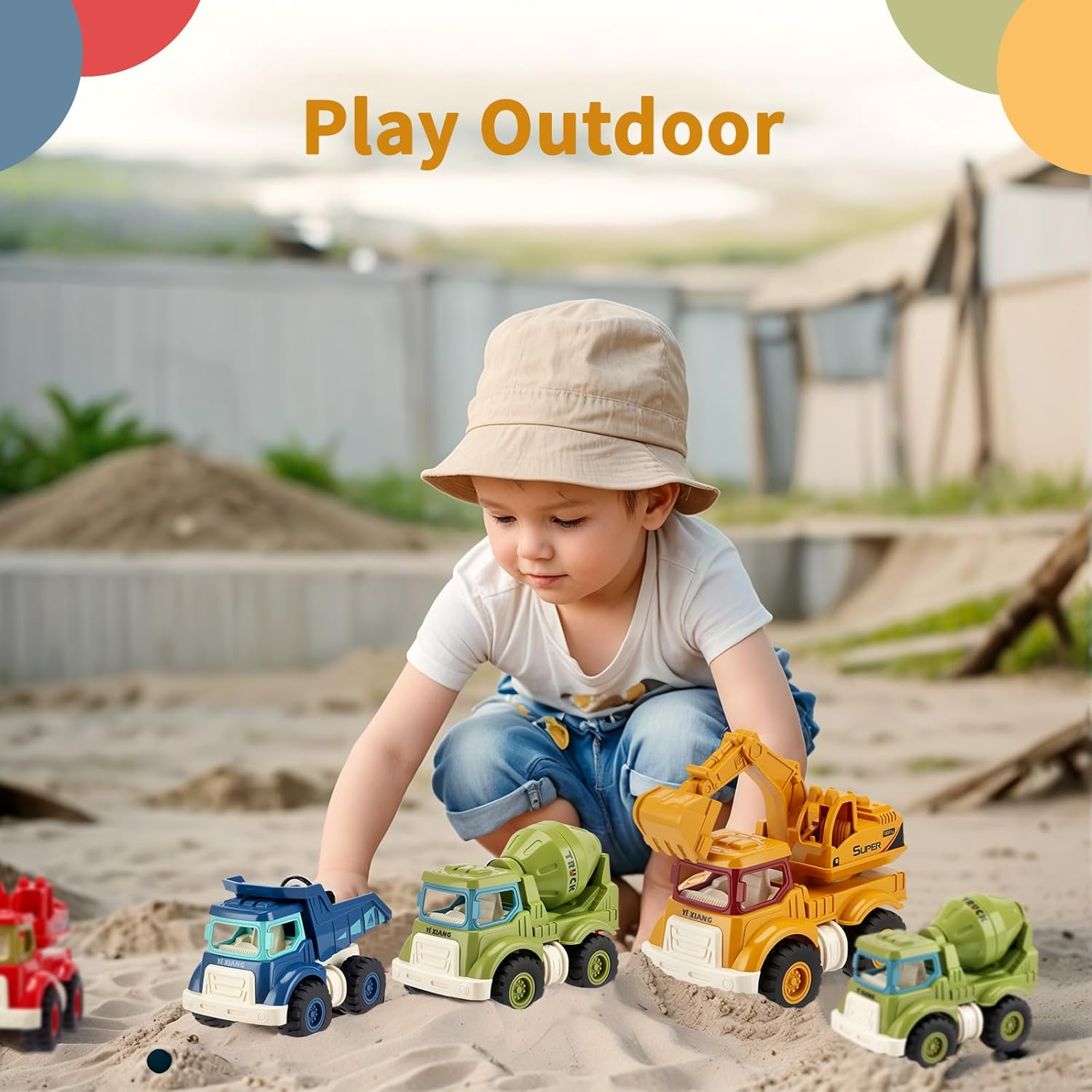 CYZAM Construction Toys for 3 Years Old Boys Girls, 4 PCS Push & Go Construction Truck Toy Vehicle Sandbox Excavator, Dump, Crane, Cement Mixer Truck, Gift Toy for Toddlers Kids 3 4 5 6 7 8 Years Old image number 6