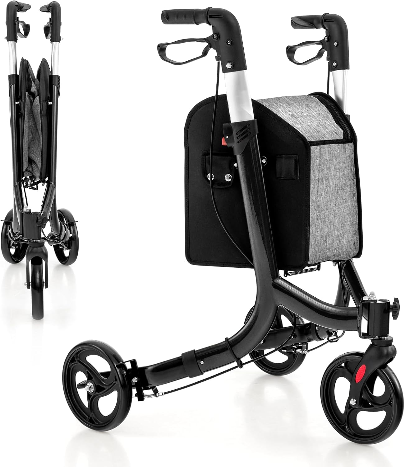 Costway 3 Wheel Rollator Walker, Folding Aluminum Rolling Walker W/Zippered Storage Bag, Safe Dual Brake System & 8" Wheels, Lightweight Medical Standard Rollator for Elderly Seniors (Blue)