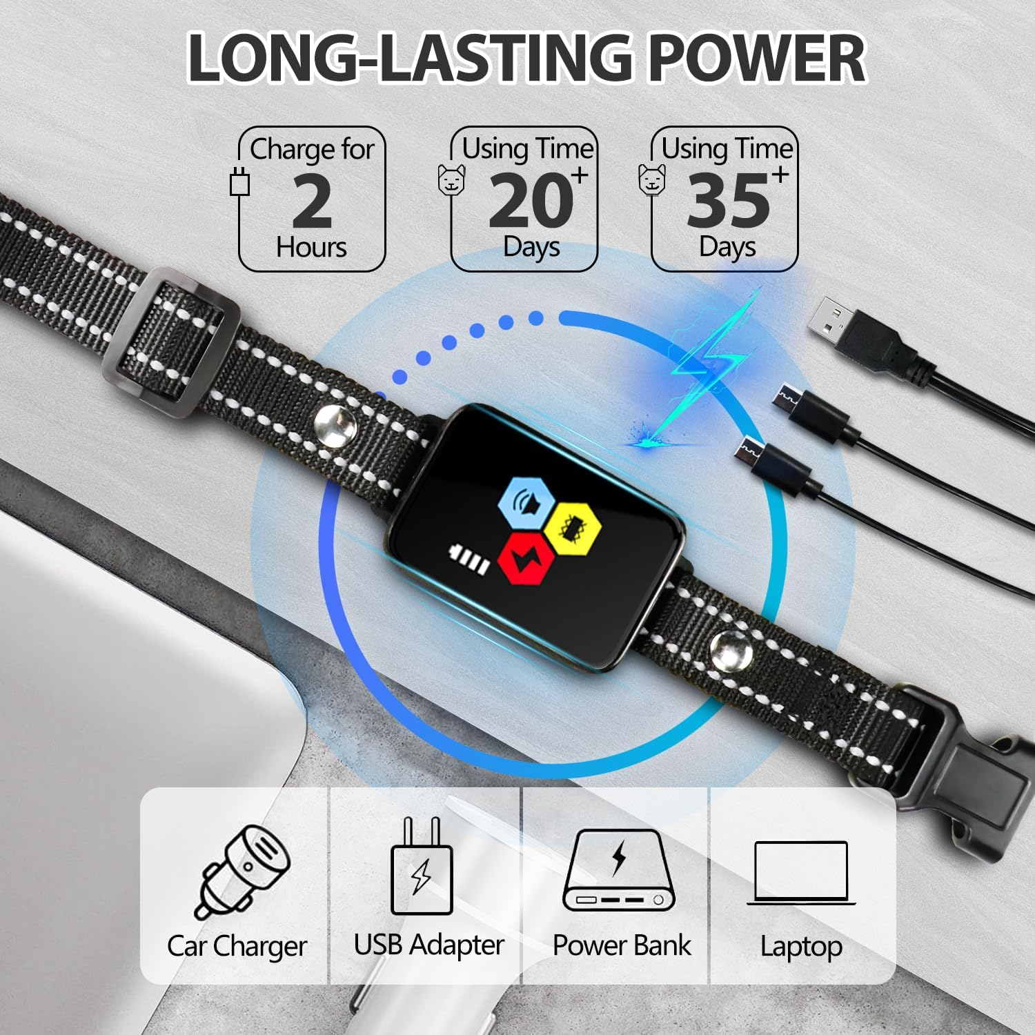 Xkimos Dog Bark Collar,4 Modes Rechargeable Smart Barking Collar,Ip67 Waterproof Shock Collar, Safe Shock anti Barking Device for Dogs，Dog Barking Collar for Dogs 1-120Lbs, Dog Training Device image number 4