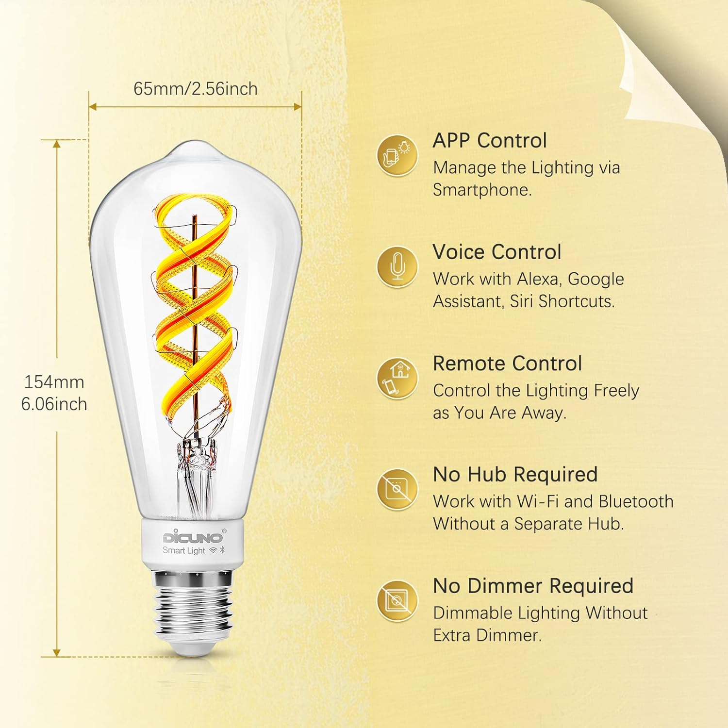 Dicuno Smart Bulbs, E27 LED Edison Bulbs ST64, Dimmable Wifi Light, Compatible with Alexa or Google Assistant, 5W (50W Equivalent), 450LM, 100-240V, 2700K-6500K, No Hub Required image number 1