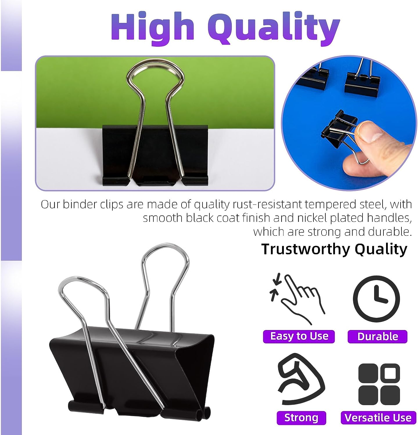 Swpeet 100Pcs Metal Black Binder Clips, Paper Clamps, Fold Back Clips, Paper Clamps Clips 6 Sizes X Large, Large, Medium, Small, X Small and Micro Use for Office, Home, School, Classroom image number 3
