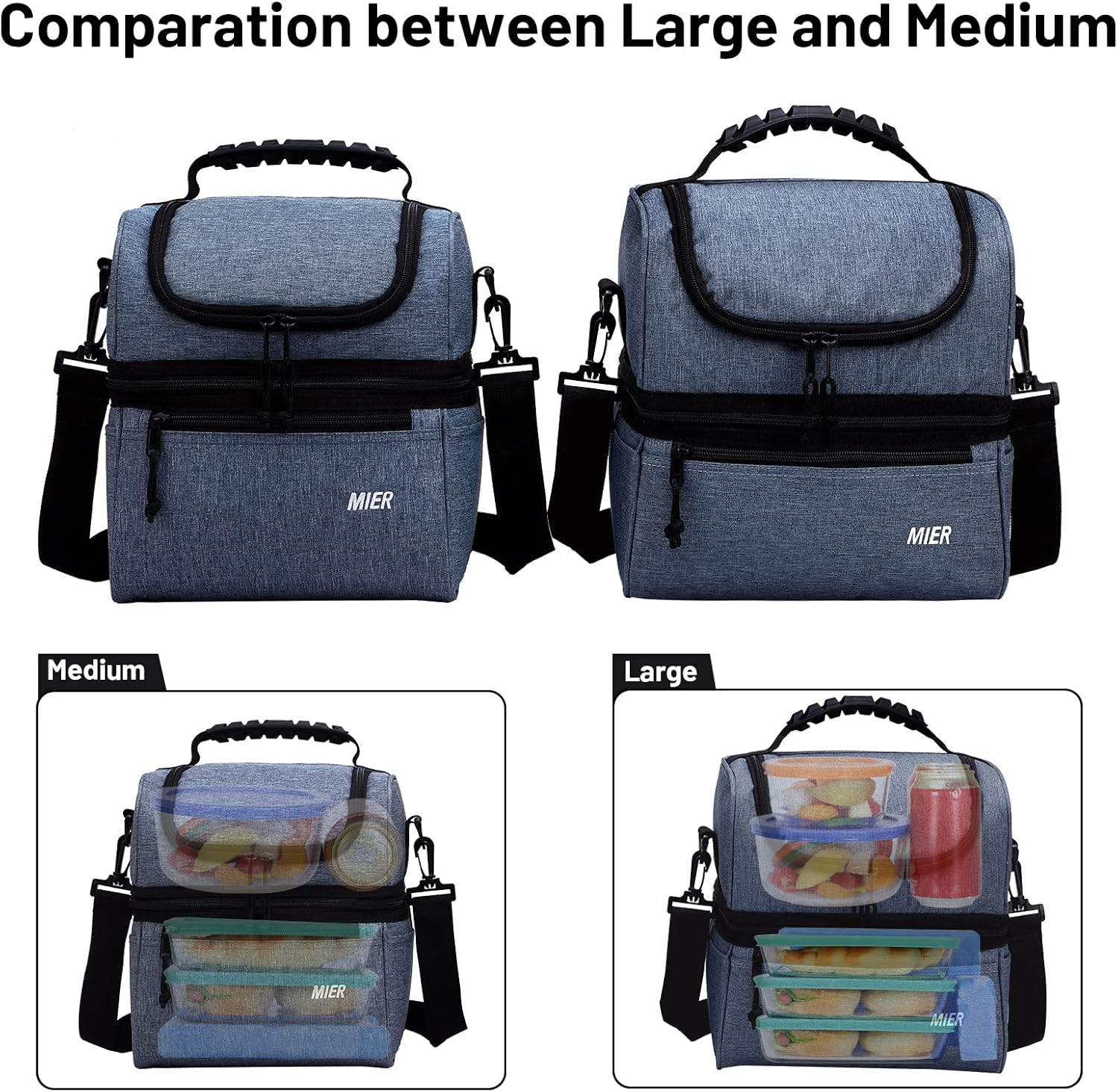 MIER Lunch Bag 2 Decks Cooler Bag Men Women Insulated Lunch Box Bag for Work Travel Picnic Daytrip, 11L, Blue image number 5