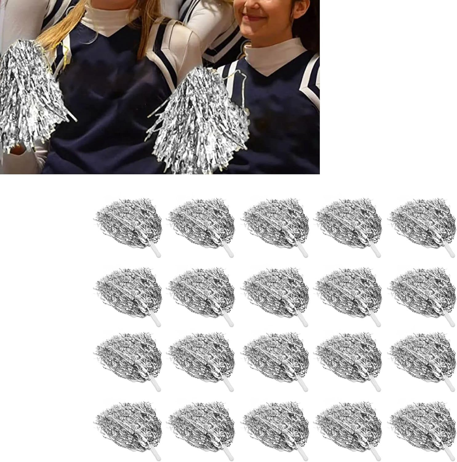 24 Pcs Metallic Cheerleading Pom Poms for Kids Foil 12 Inch, Team Spirit Sports Dance Party (Silver) image number 4