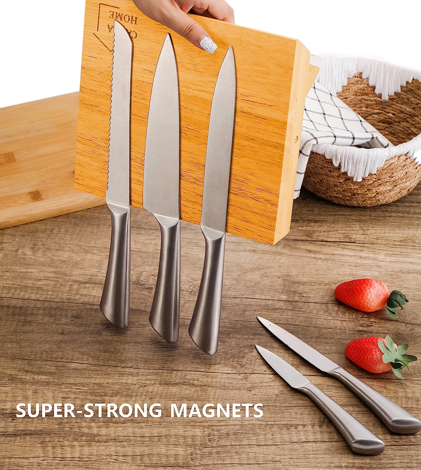 CARLA HOME Magnetic Knife Block Holder, Natural Bamboo Knife Holder with Strong Magnets for Home Kitchen Storage & Organisation, Freestanding Space Saver Knife Dock for Knives and Cooking Utensils image number 4