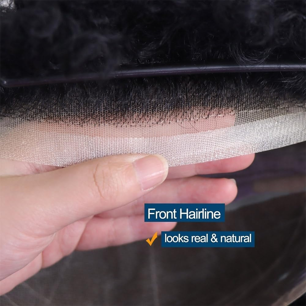 Replacement Afro Curly Mens Toupee Full French Lace Base Hair System 8"X10" Natural Hairline Mens Hair Prosthesis Systems image number 4