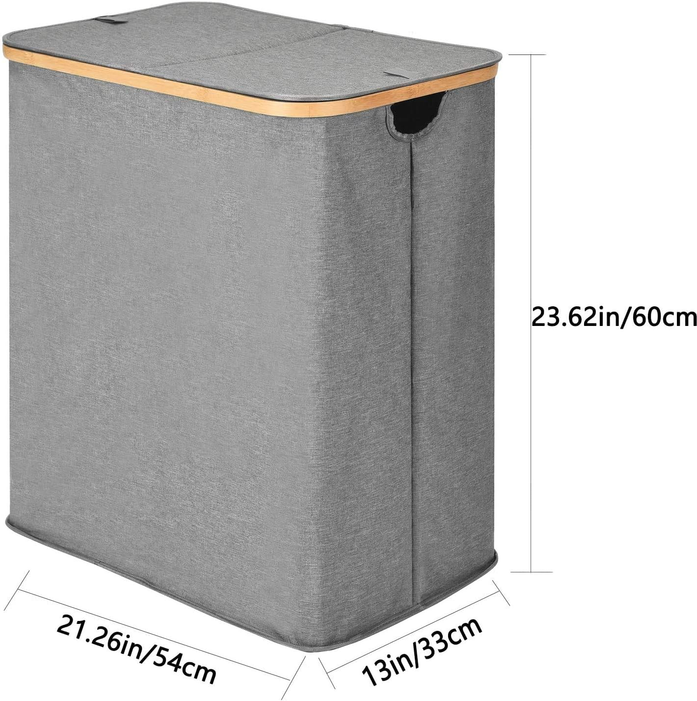 ALINK Divided Folding Bamboo & Canvas Laundry Hamper- Double Large Laundry Basket with Lid - Modern Collapsible Hamper with Handles, Waterproof Liner, Great for Adults, Bedroom, Bathroom, Living Room