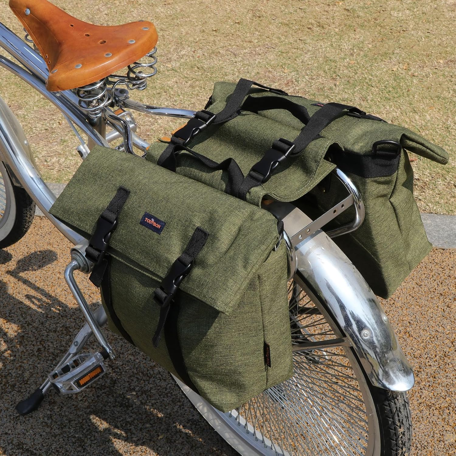 TOURBON Nylon Double Pannier Shoulder Bags Bicycle Rear Rack Trunk Motorcycle Tail Seat Bag (Dark Green) image number 3
