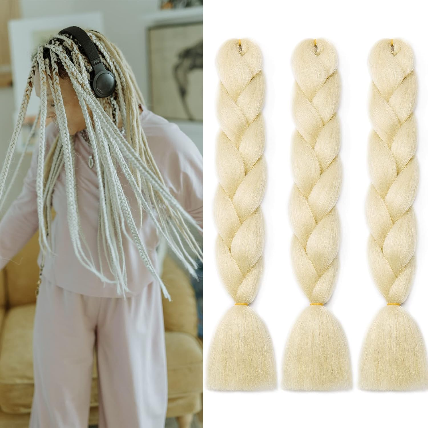 Gairyan 24 Inch Jumbo Braids Extensions Synthetic Hair for Braiding Hair Extensions 3 Bundles Braiding Hair Ombre Synthetic Hair Braids Braiding Extensions Box Braid Crochet Twists 300 G (Bleached Blonde) image number 3