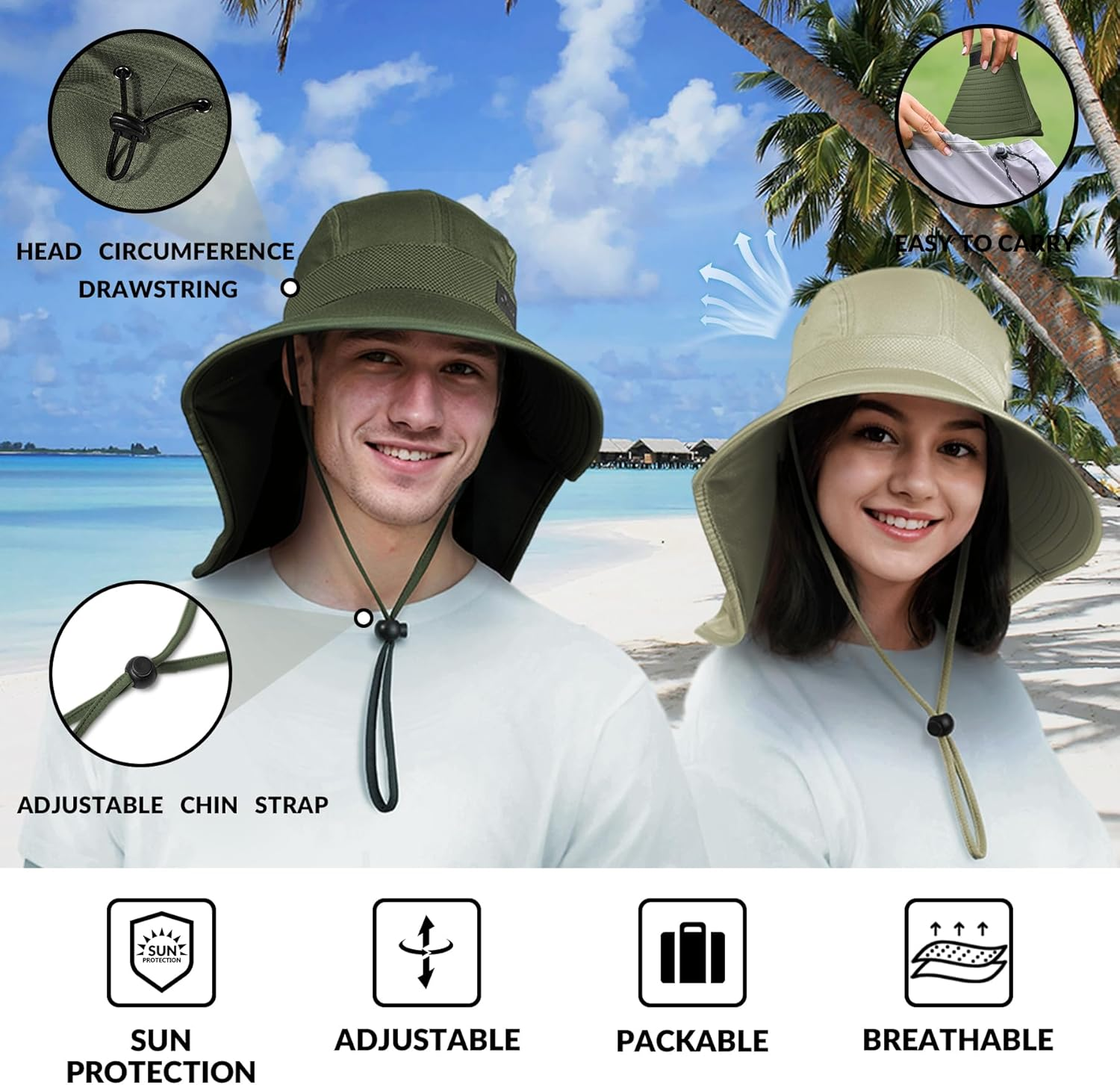 Sukeen Cooling Sun Hat for Men Women UPF50+ Wide Brim Fishing Hat with Neck Flap Adjustable Foldable Bucket Hat for Hiking - Black image number 4