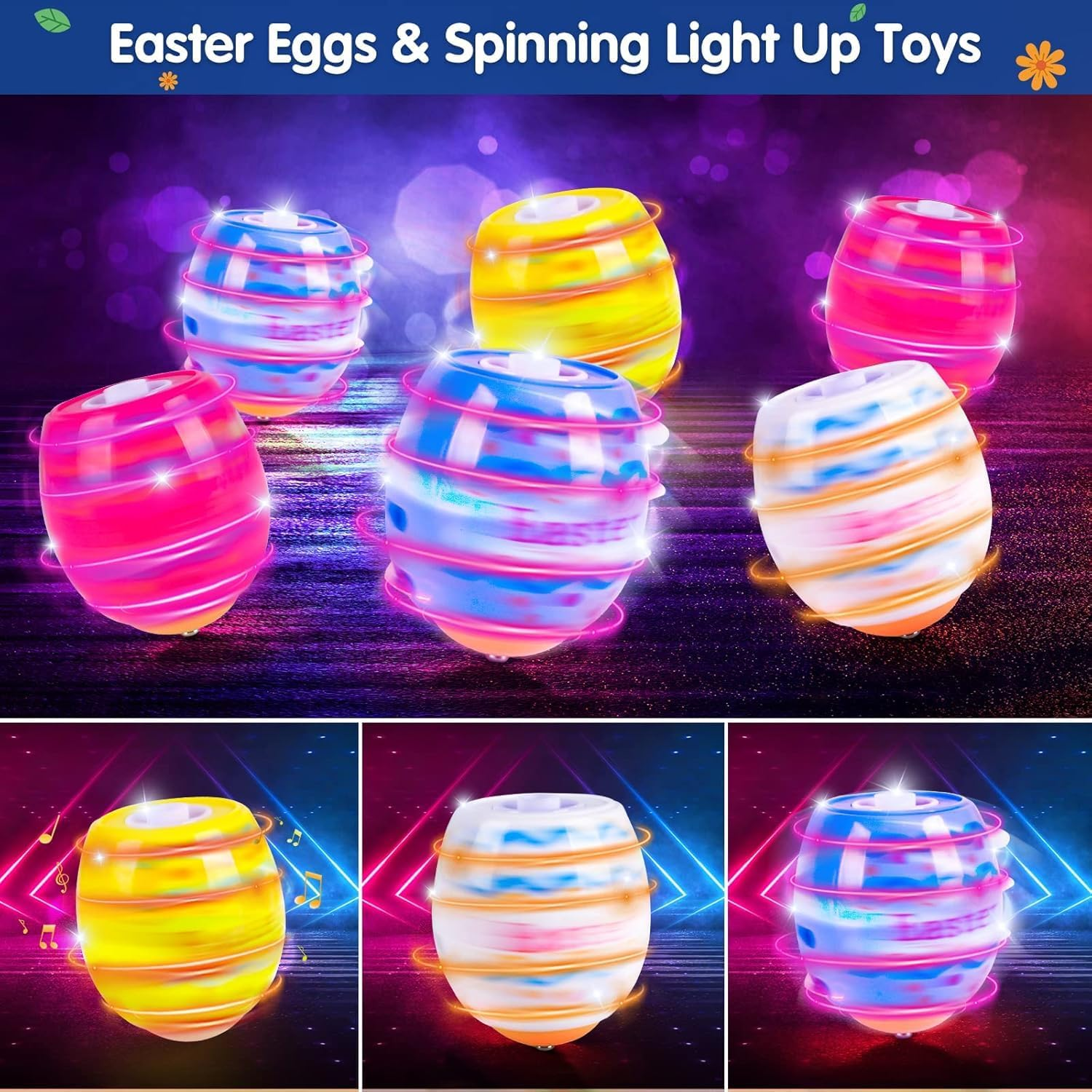 Easter Toys Eggs for Kids - 4 Pack Lighting & Spining & Singing Plastic Colorful Easter Toys Egss, Easter Basket Stuffers Party Favors Easter Toys Gifts for Kids 3+ Boys Girls