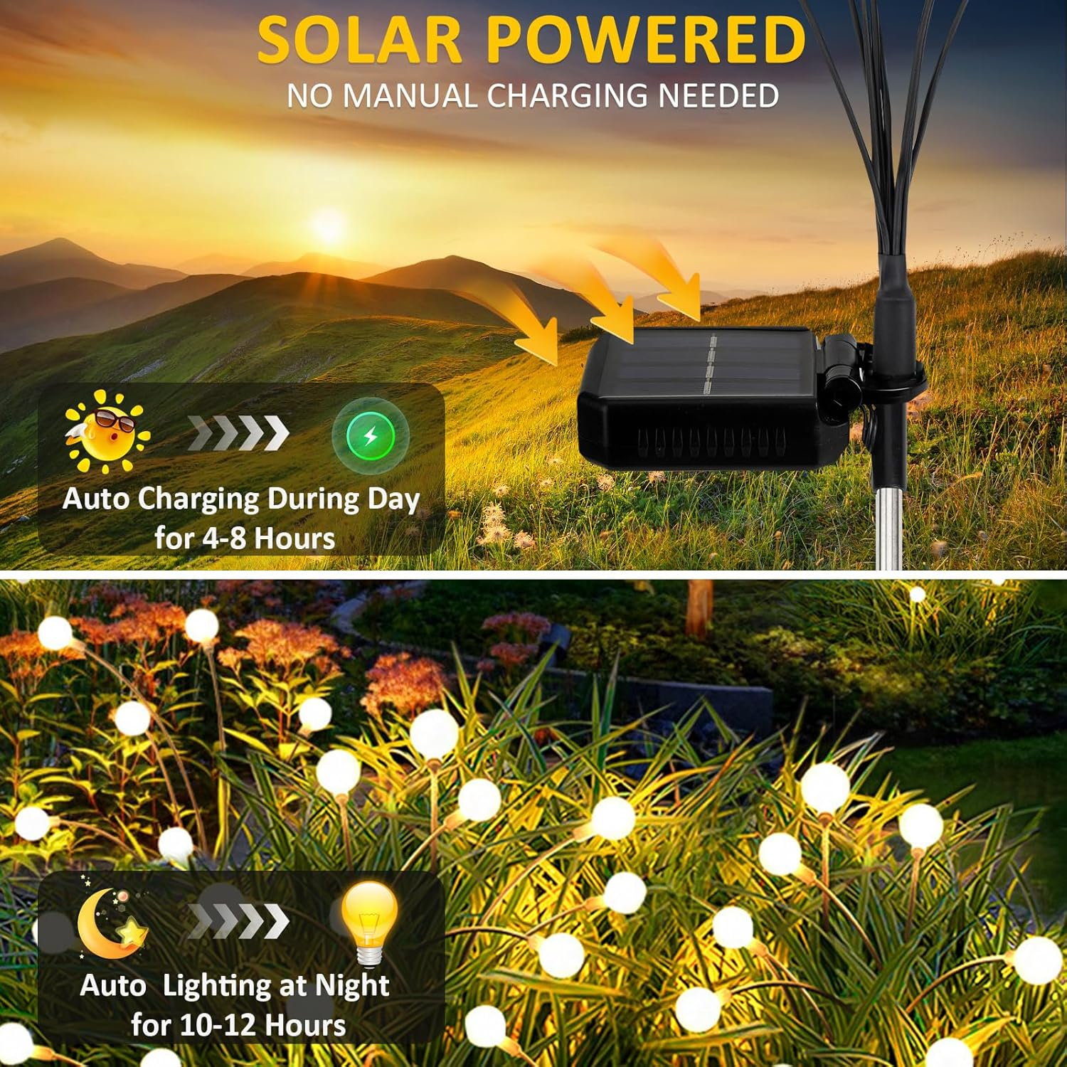 Fiflying Pack of 2 8 LED Fireflies Solar Lights Outdoor Improved Heights Optional Modes Firefly Light IP65 Waterproof Solar Lights for Path Yard Patio Decorative image number 1