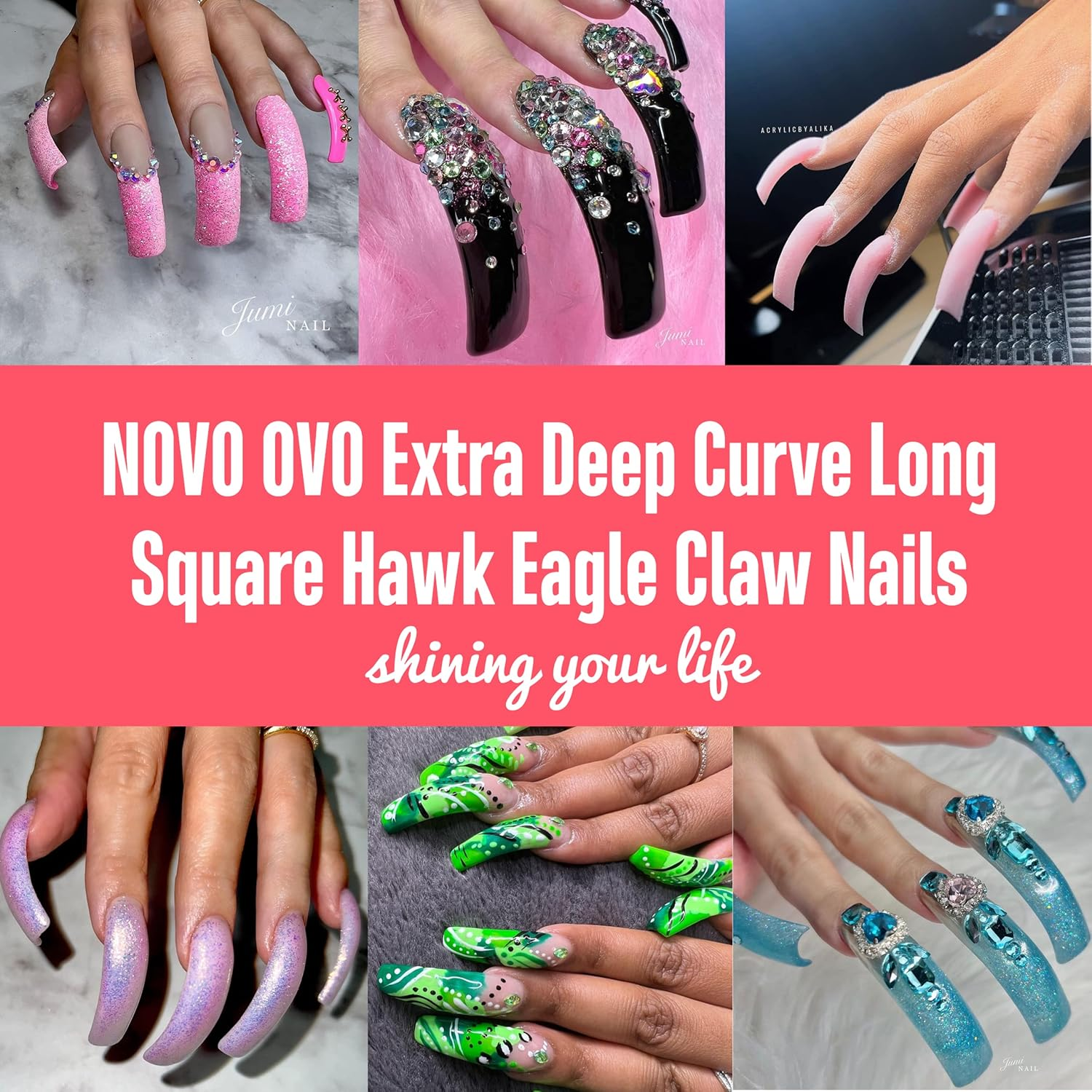 NOVO OVO Halloween 100 Pcs Hawk Curved Natural Color Extra Super Extreme Deep Curve Half Cover Long Square Eagle Claw False Nail Extension Tips Acrylic Nail 10 Sizes Box Packaging Art Salon DIY - Square Eagle Claw Natural Long In Small Box image number 3