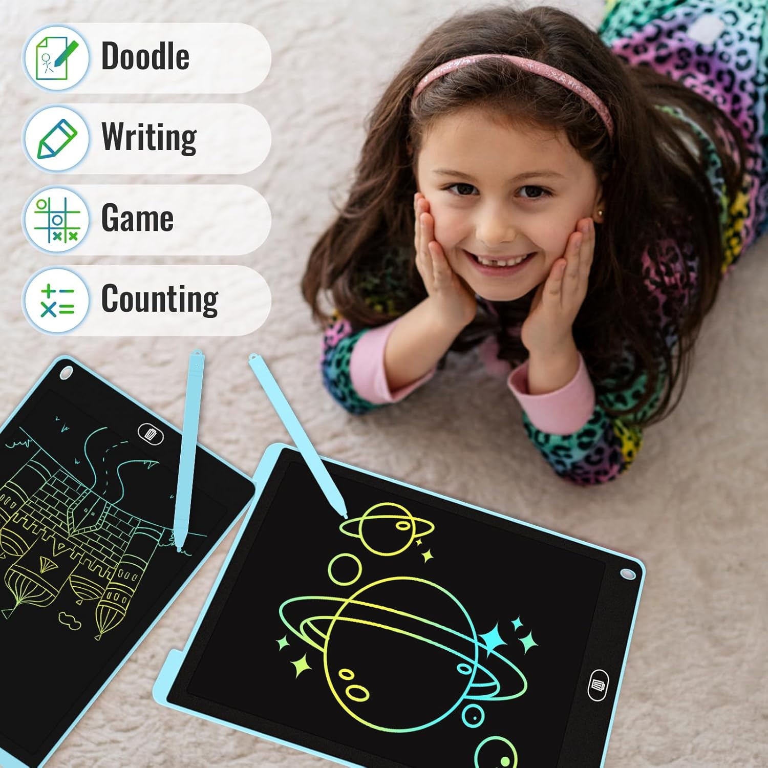 Electight 12 Inch LCD Writing Tablet for Kids, 2 Pack Colorful Doodle Board with Stylus, Eye Care Drawing Board with Lock/Delete FUNC, Portable Drawing Tablet for 3+ Years Old Boys Girls (Blue, Blue)