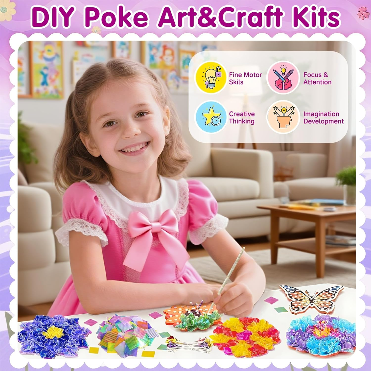 Poke in Art Flower - Poke in Art Craft Kits for Kids,Diy Poke in Flower Bouquet, Mess-Free Arts & Crafts Kits with 10 Flowers & 2 Butterflies, Creative Activity Birthday Gift Toys for Girls Ages 4-12, Party & Home D&eacute;cor image number 3