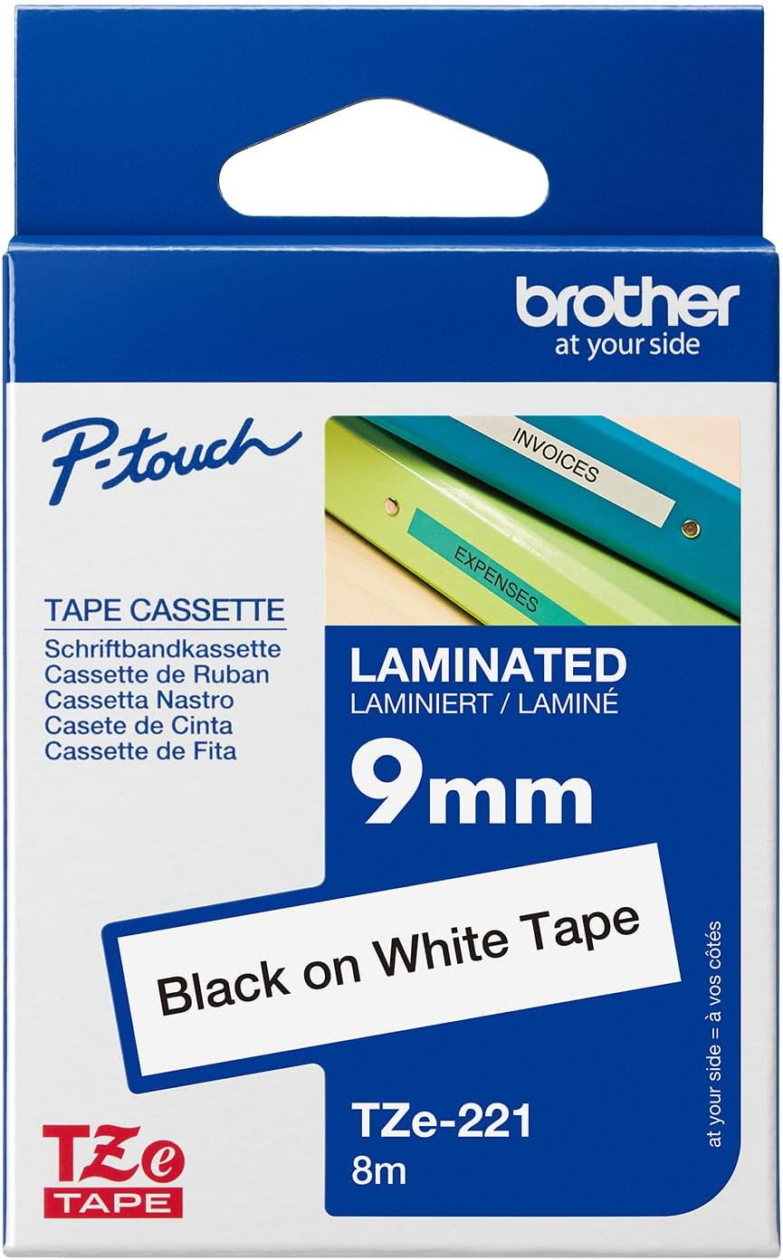Brother Genuine Tze-221 Laminated Tape, Black on White, 9Mm X 8M