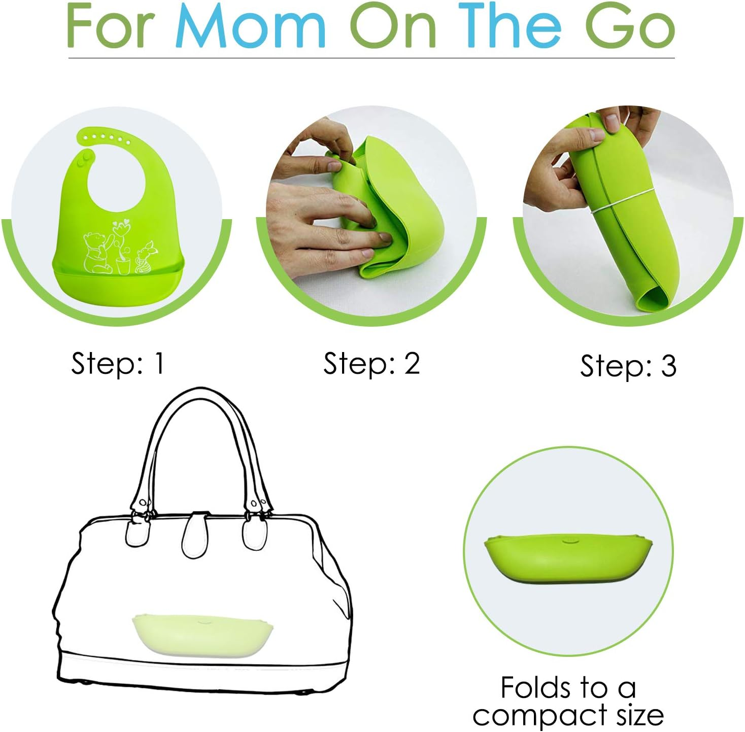 Waterproof Silicone Baby Bibs (Set of 2) with Food Catcher Pocket &ndash; BPA Free, Food Grade Feeding & Weaning Bib for Toddlers, Boys & Girls - Adjustable, Roll up Design Green & Blue image number 5