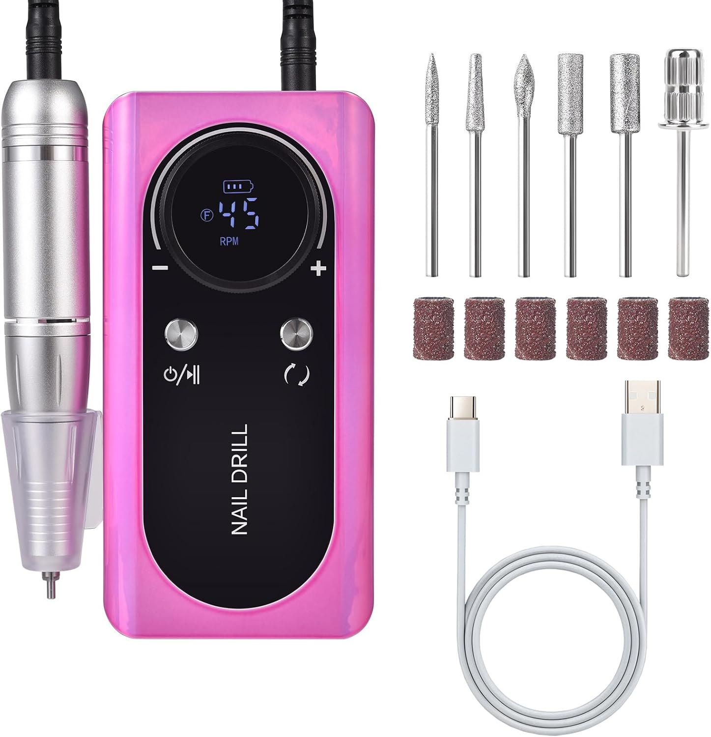 KADS Cordless Electric Nail Drill Machine 45000RPM Rechargeable Electric Nail File for Acrylic Gel Nail Removal Polishing Portable Nail Drill Kit for Nail Salon & Home Manicure Pedicure Tool (Pink)