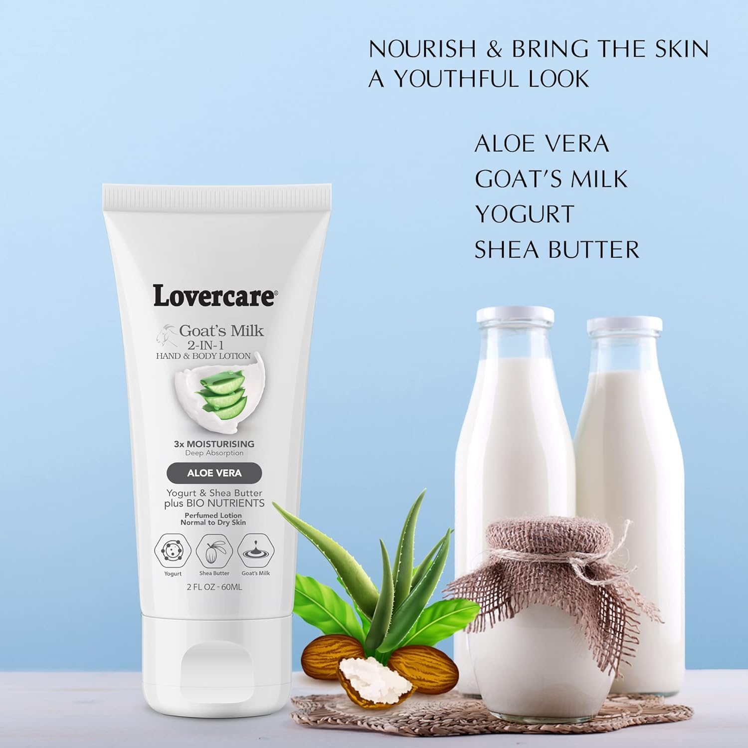 Lovercare 4-PACK Goat Milk 2-IN-1 Hand & Body Lotion for Dry Skin 2 Oz (60 Ml) Aloe Vera- Pack of 4 image number 5