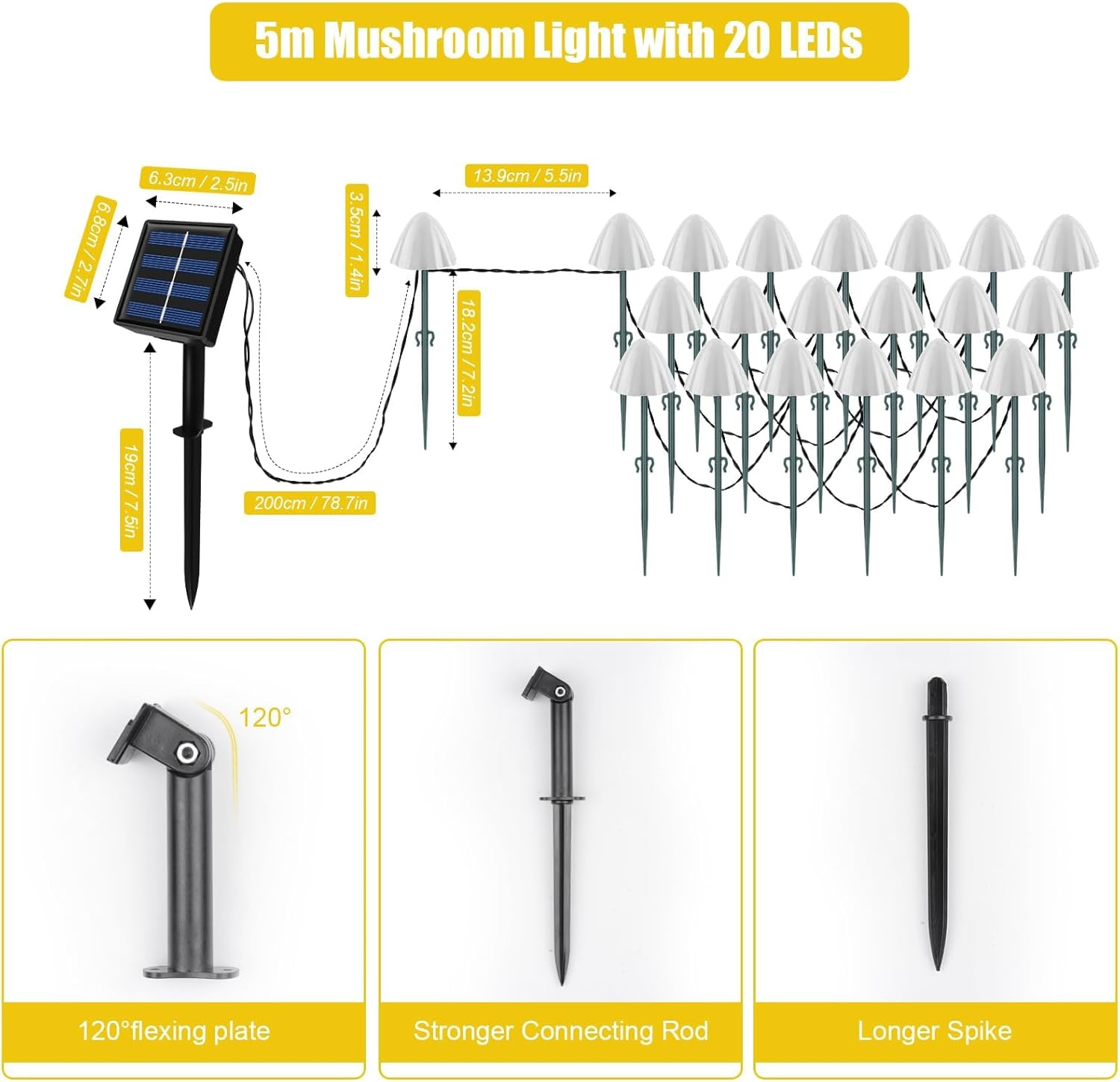 Ninonly Solar Mushroom Lights - 5M 20 LED Garden Lights Outdoor, 8 Modes Waterproof Fairy Ornaments, Pathway Decoration for Path, Lawn, Yard, Landscape Decor