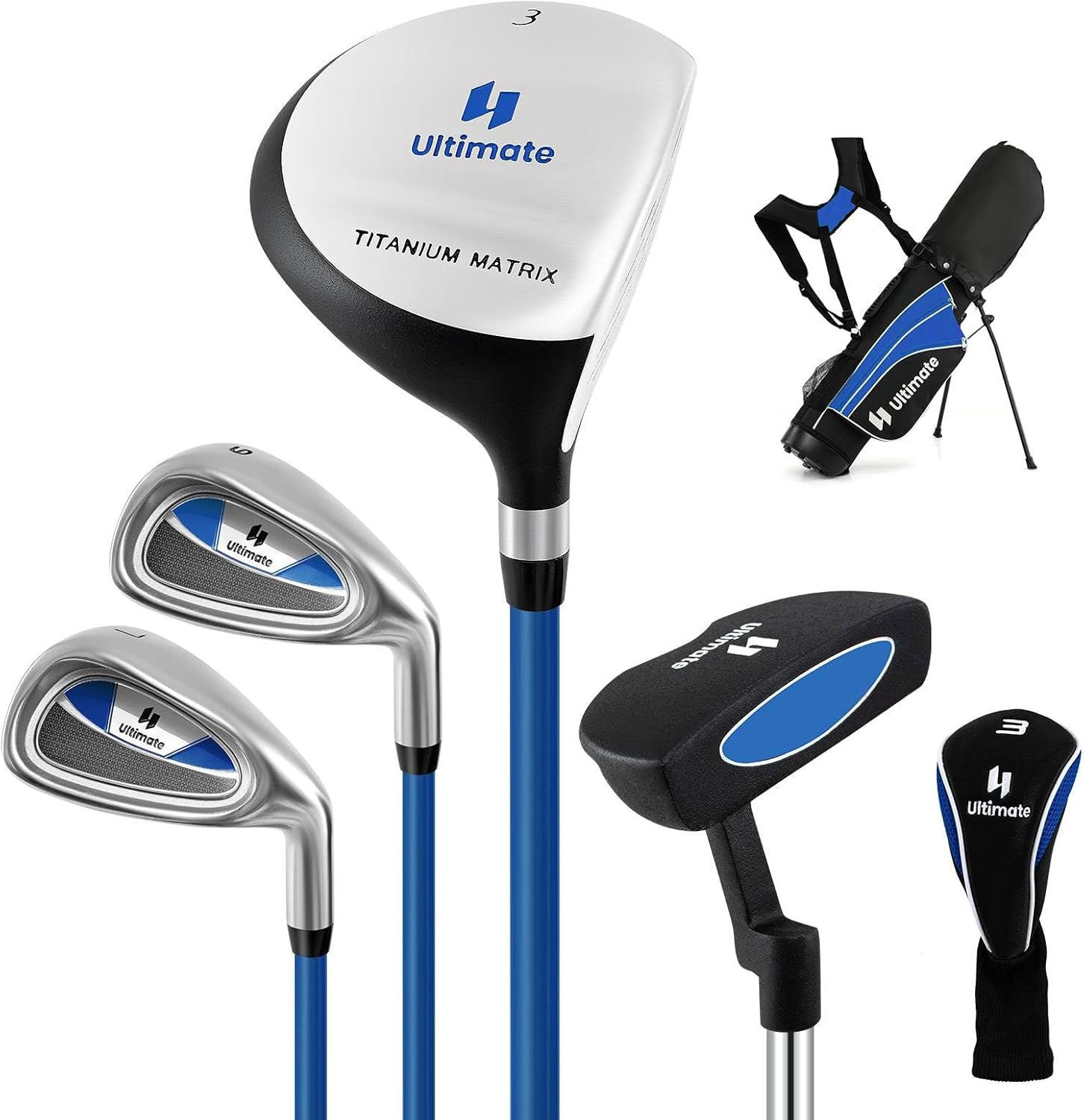 Costway Junior Complete Golf Club Set for Age 8 to 13, Includes 3# Fairway Wood, 7# & 9# Irons, Putter, Head Cover, Golf Stand Bag, Perfect for Children, Kids, Boys & Girls
