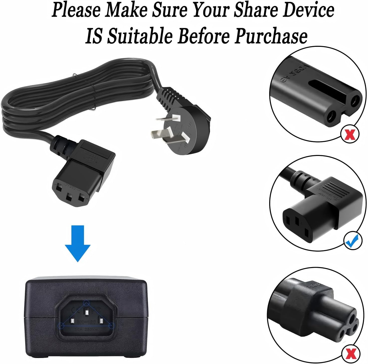 1.5M Australian Power Cord with 90 Degree Left Angle IEC 320 C13 Plug Connector - Pure Copper Material, Black 3 Point Kettle Power Cable 10A/250V image number 3