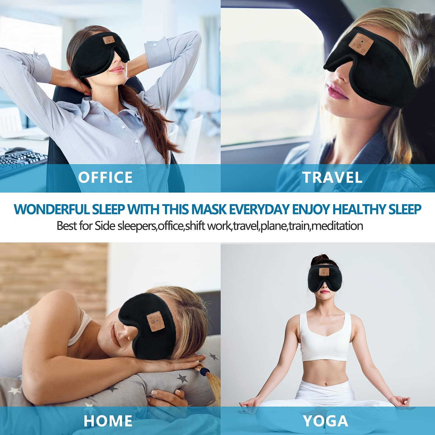 ZRUHIG Bluetooth Sleep Mask, Sleep Mask with Bluetooth Headphones, Eye Mask with Sleeping Headphones for Side Sleeper, Nap, ASMR, Air Travel, Meditation, Relaxation, Black image number 1