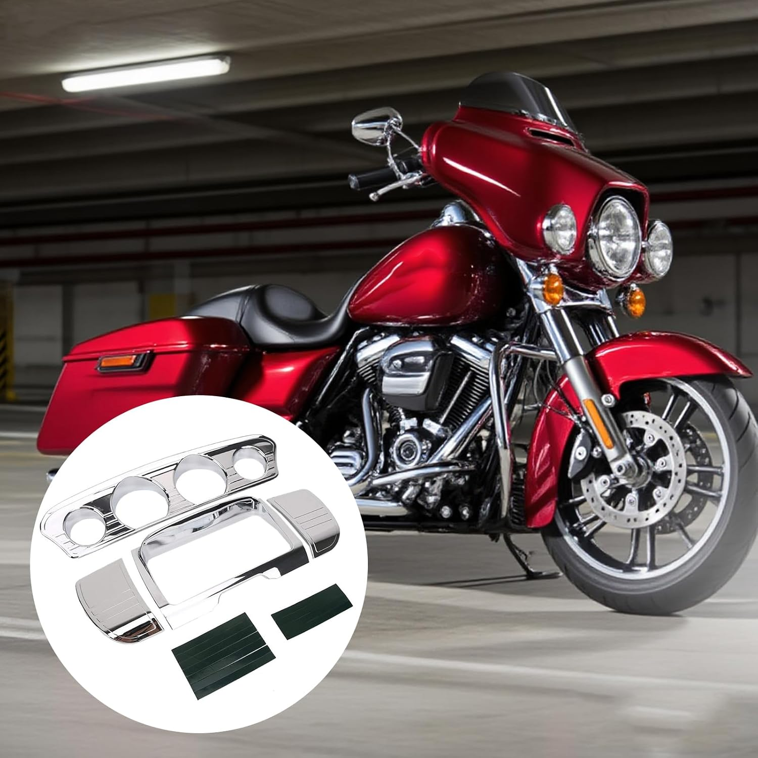 1 Set Motorcycle Chrome Tri-Line Gauge Trim 7284 + Stereo Trim Cover Fit for Harley 2014-2017 Touring Electra Glides/Street Glides/Tri Glide image number 1