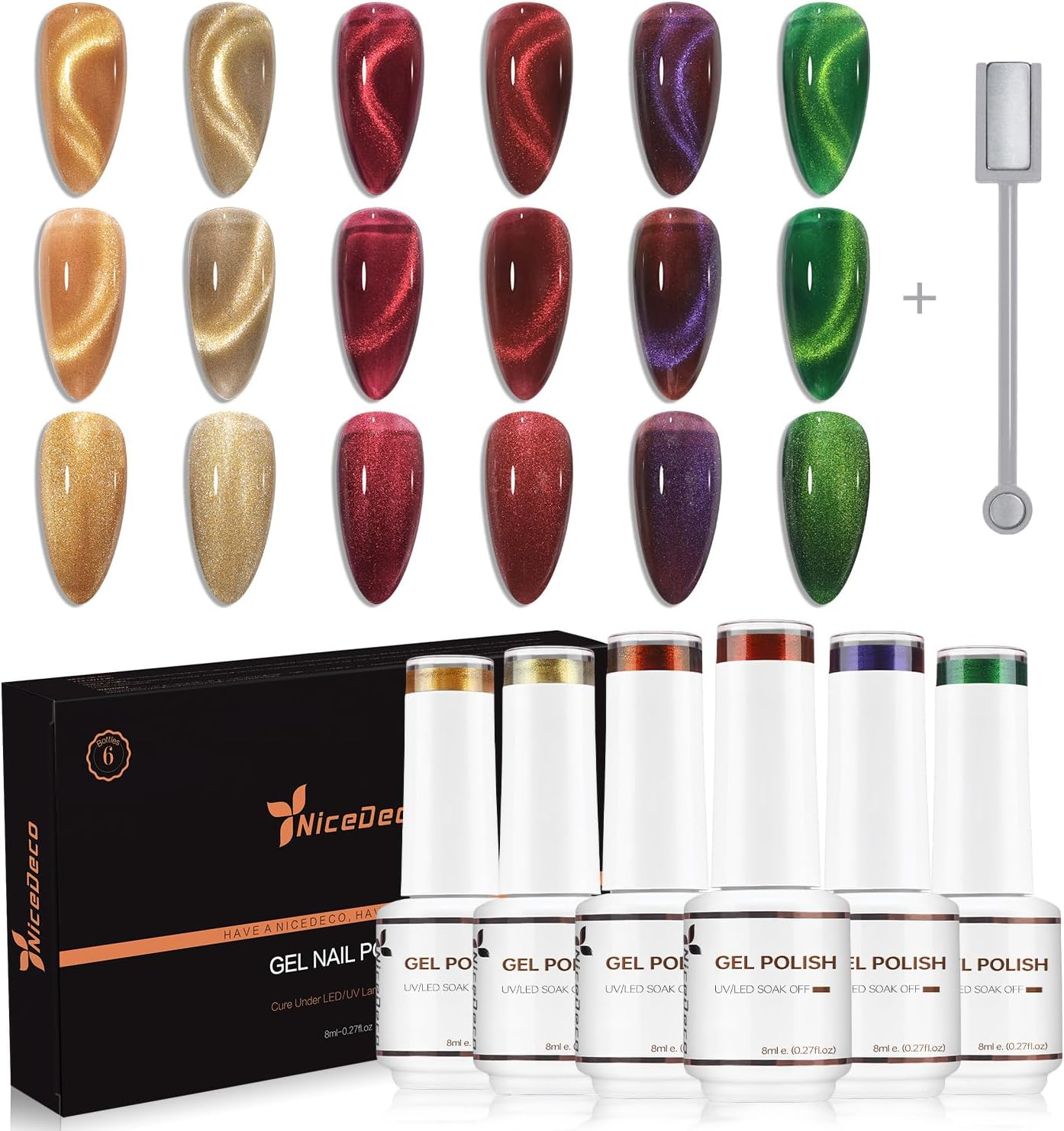 Nicedeco Hema Free Cruelty Free Vegan Cat Eye Gel Nail Polish, High Gloss Long Lasting Soak off LED U V Gel Polish 6 Colors Set 43