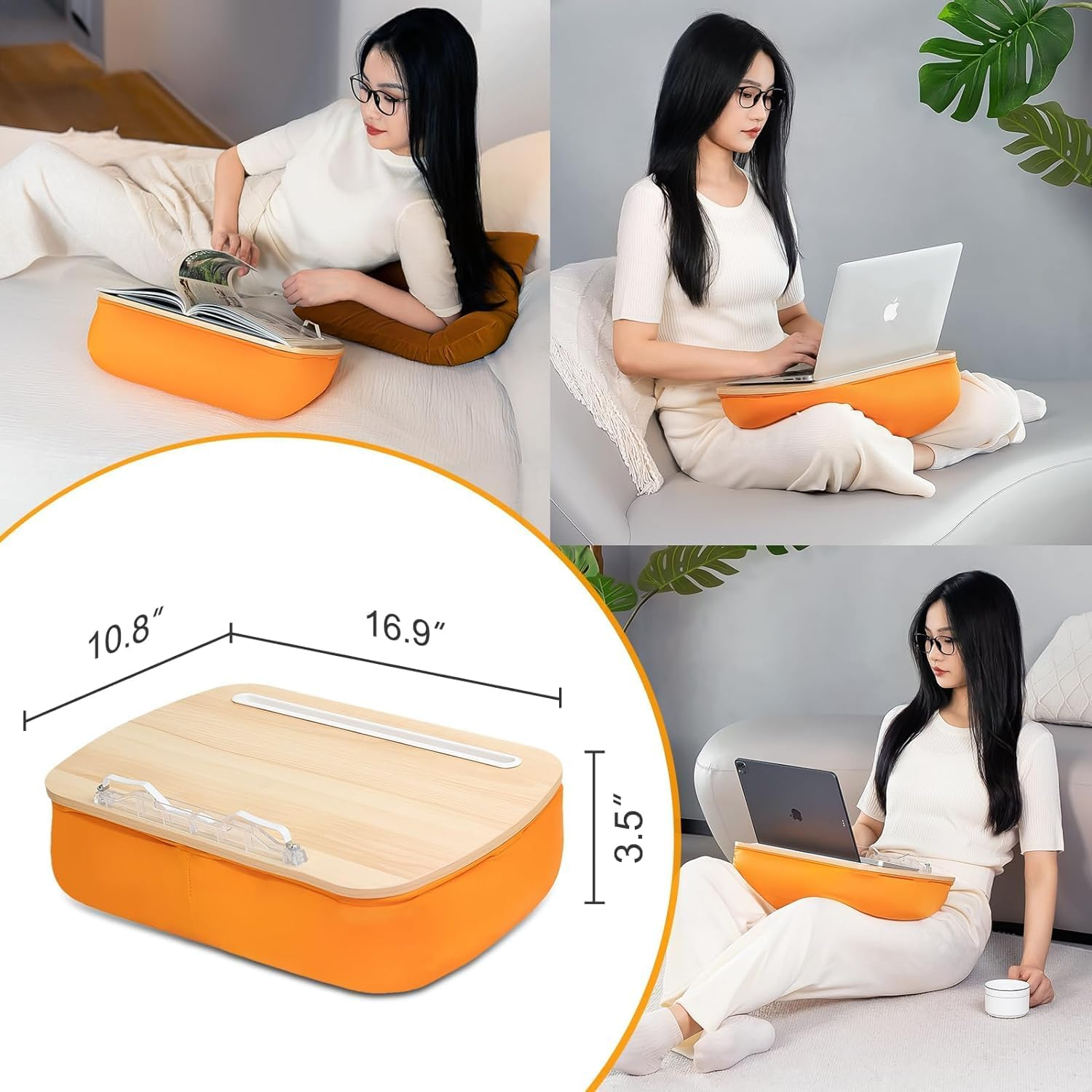 Lap Beanbag Book Stand for Reading, Comfortable Pillow Book Holder for Sofa, Bed, Desk, Hands-Free, Minimize Neck Strain, Gift for Book Lovers, Compatible with Laptop and Tablet (Orange) image number 4