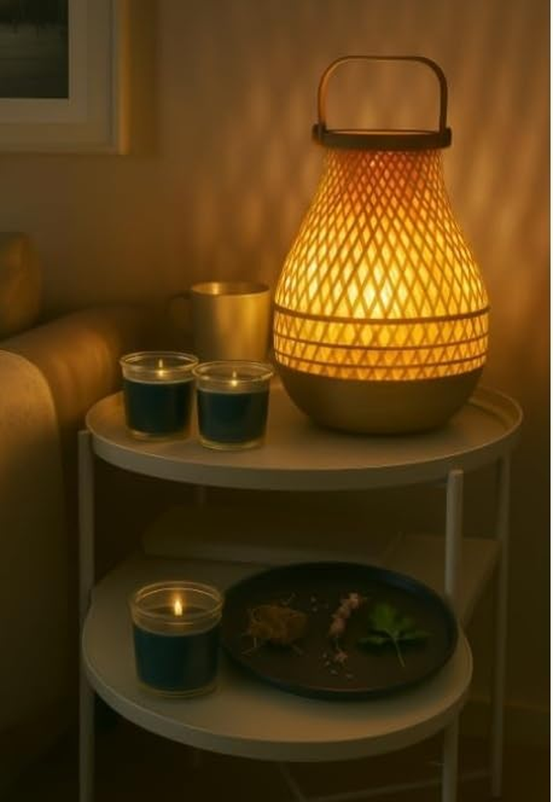 Bamboo Table Lamp Duo + 3 Scented Candles on White Tray Table &ndash; Japanese-Scandi Inspired Zen Decor Gift Set (Dark Gray-Green) image number 6