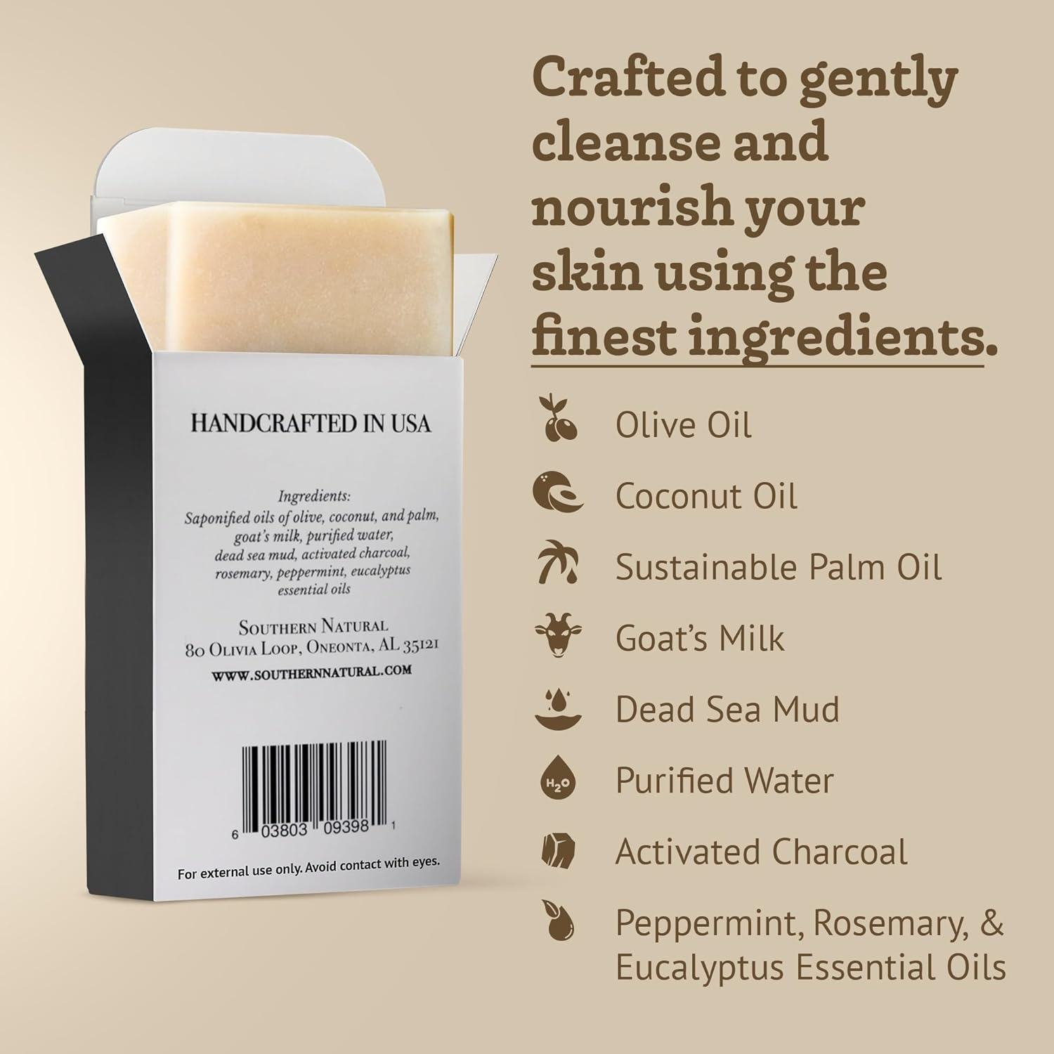 Southern Natural Handmade Activated Charcoal Soap Bar for Face & Body - Perfect for Sensitive Skin & Dry Skin Relief &ndash; with Dead Sea Mud, Goat Milk & Peppermint Essential Oil &ndash; 2 Pack, 4.5 Oz image number 2