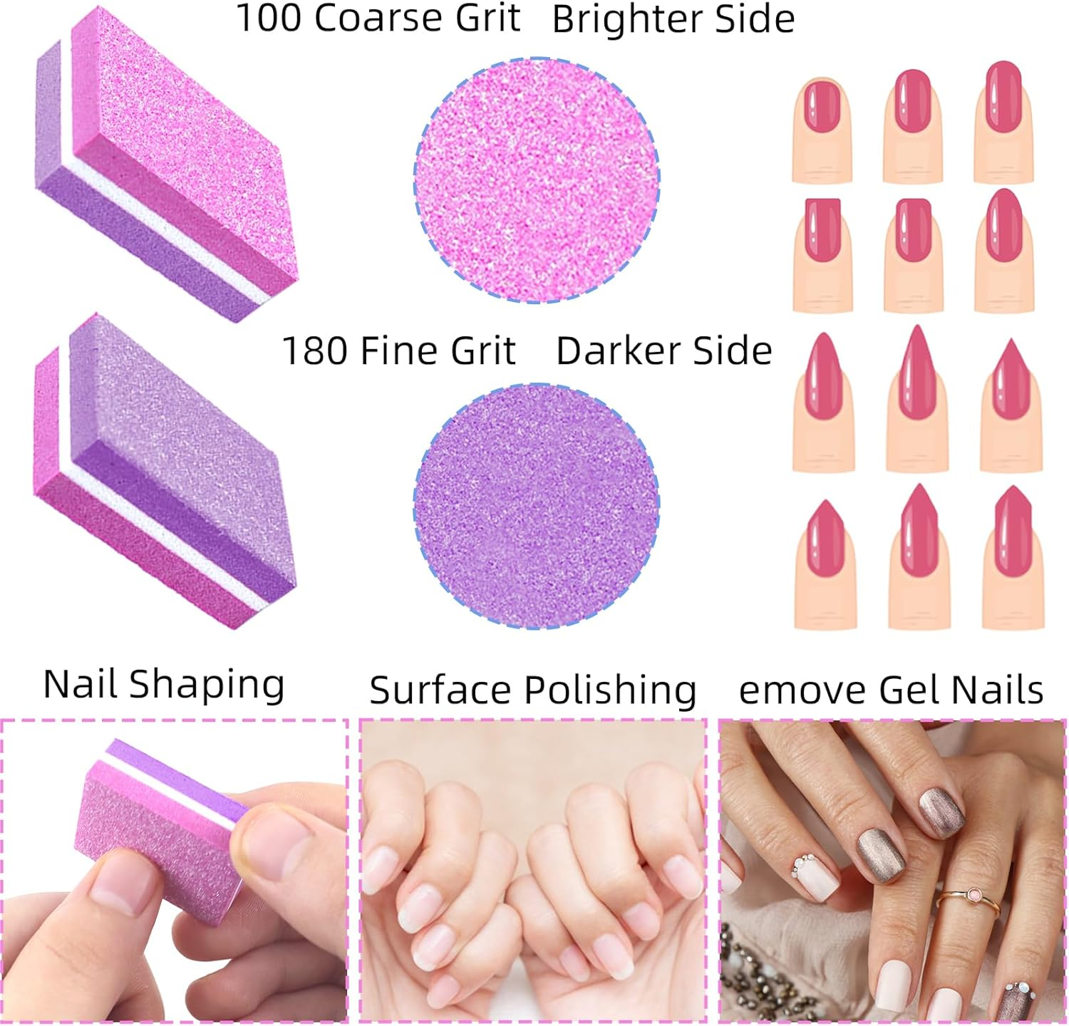 50 Pcs Sponge Nail Buffers,100/180 Grit Mini Nail Files,Mini Buffer Block Nail File for Acrylic & Natural Nails,Double-Sided Buffing Blocks for Manicure & Pedicure,Salon & Home Use(Pink-Purple) image number 4