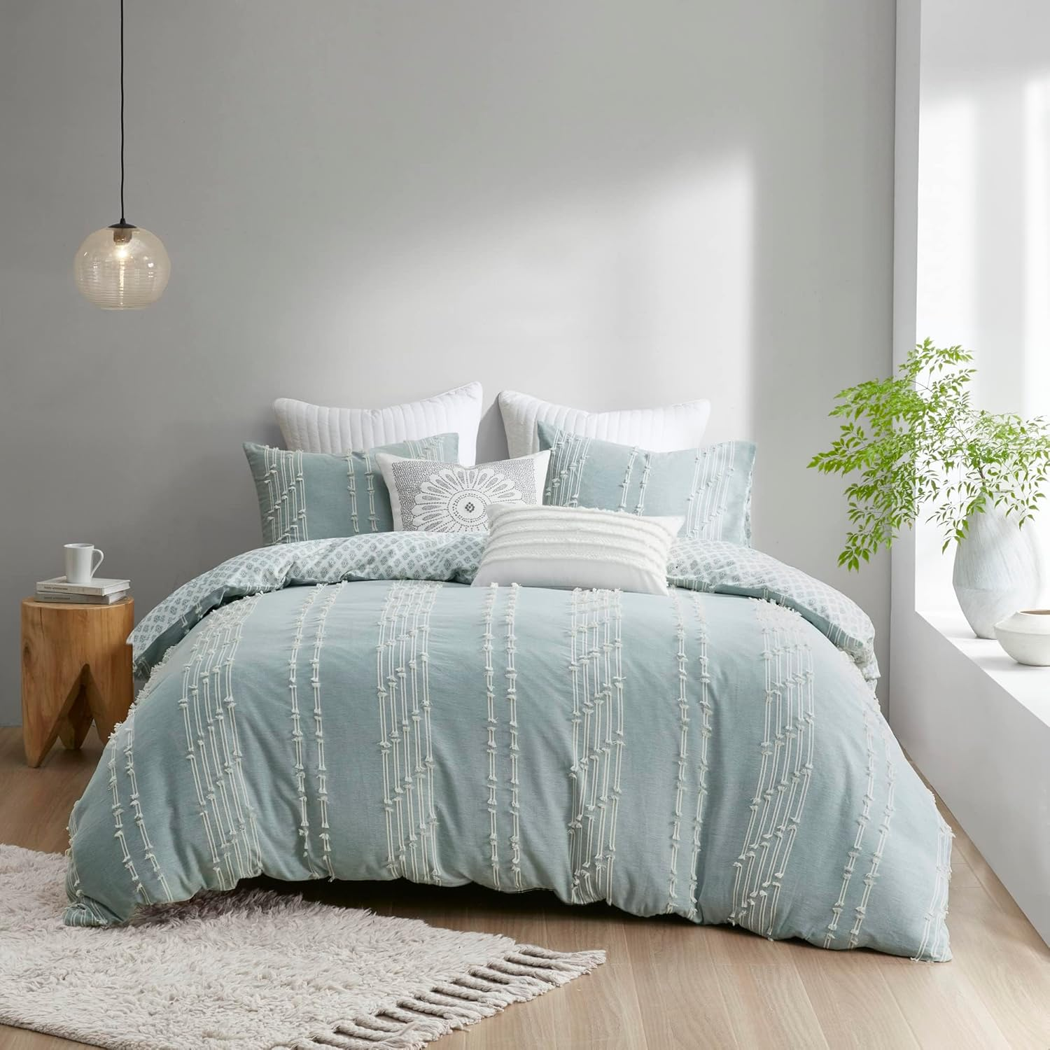 INK+IVY Kara 100% Cotton Duvet Mid Century Modern Stripe Jacquard Design Reverse to Diamond Print, All Season Duvet Cover Bedding Set, Matching Shams, Full/Queen(88"X92"), Aqua 3 Piece image number 2