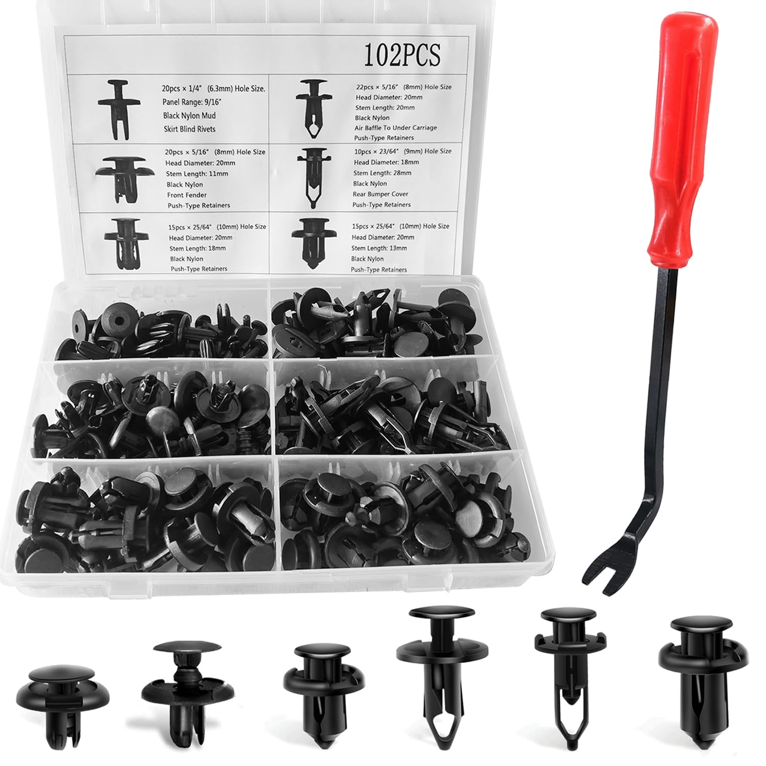 102PCS Retainer Clips Push Type Fasteners 6.3Mm 8Mm 9Mm 10Mm - Expansion Screws Replacement Kit with Remover Tool Bumper Push Rivet Clips image number 4